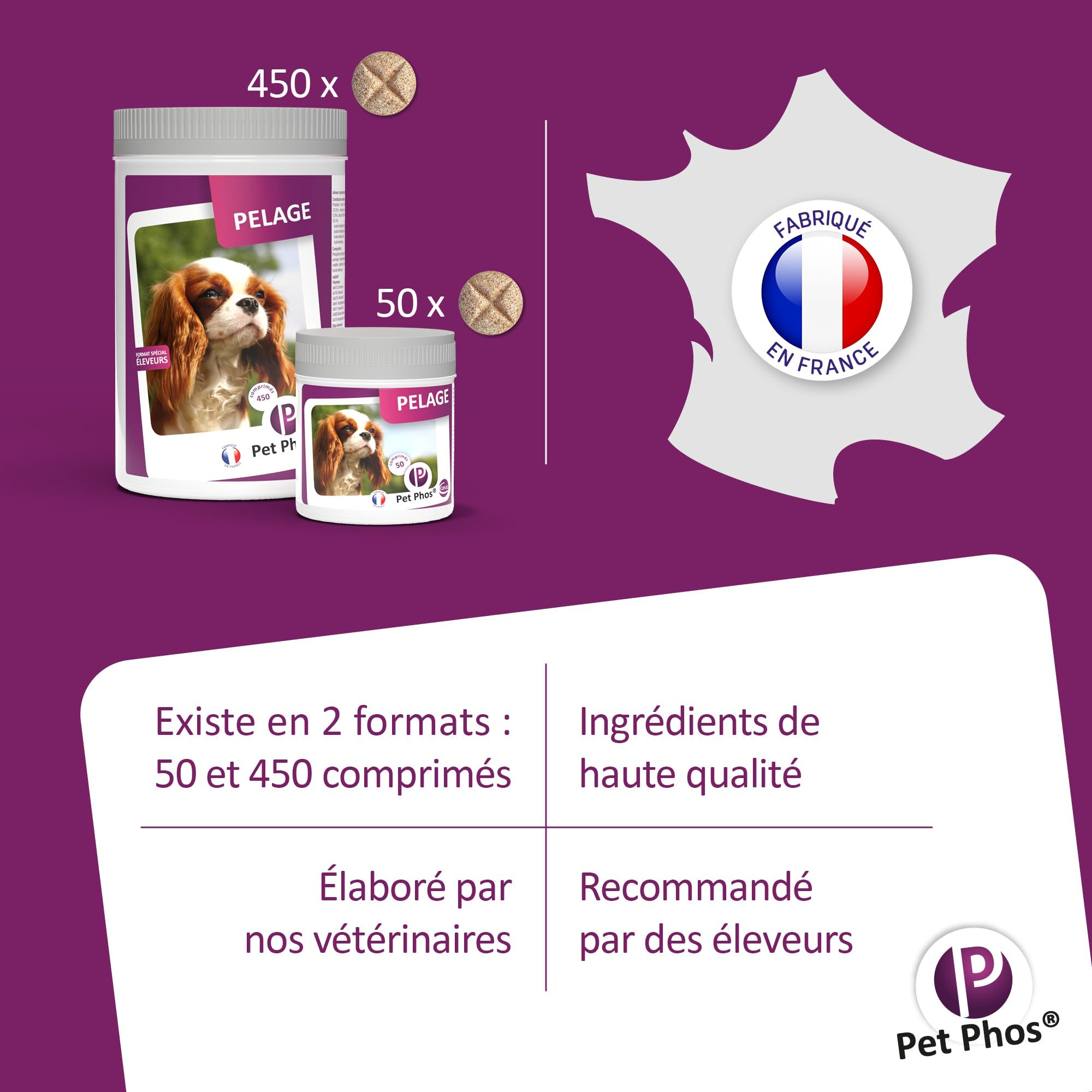 Pet PHOS Pelage Chien - Pelage Sec, terne et abîmé - Chute abondante des Poils - Période de mue - Préparation aux Concours et expositions.