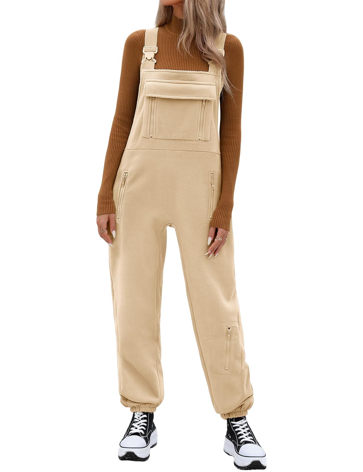 HEEKPEK Women's Winter Fleece Overalls Fuzzy Warm Causal Jumpsuits Adjustable Straps Sleeveless Bib Pants