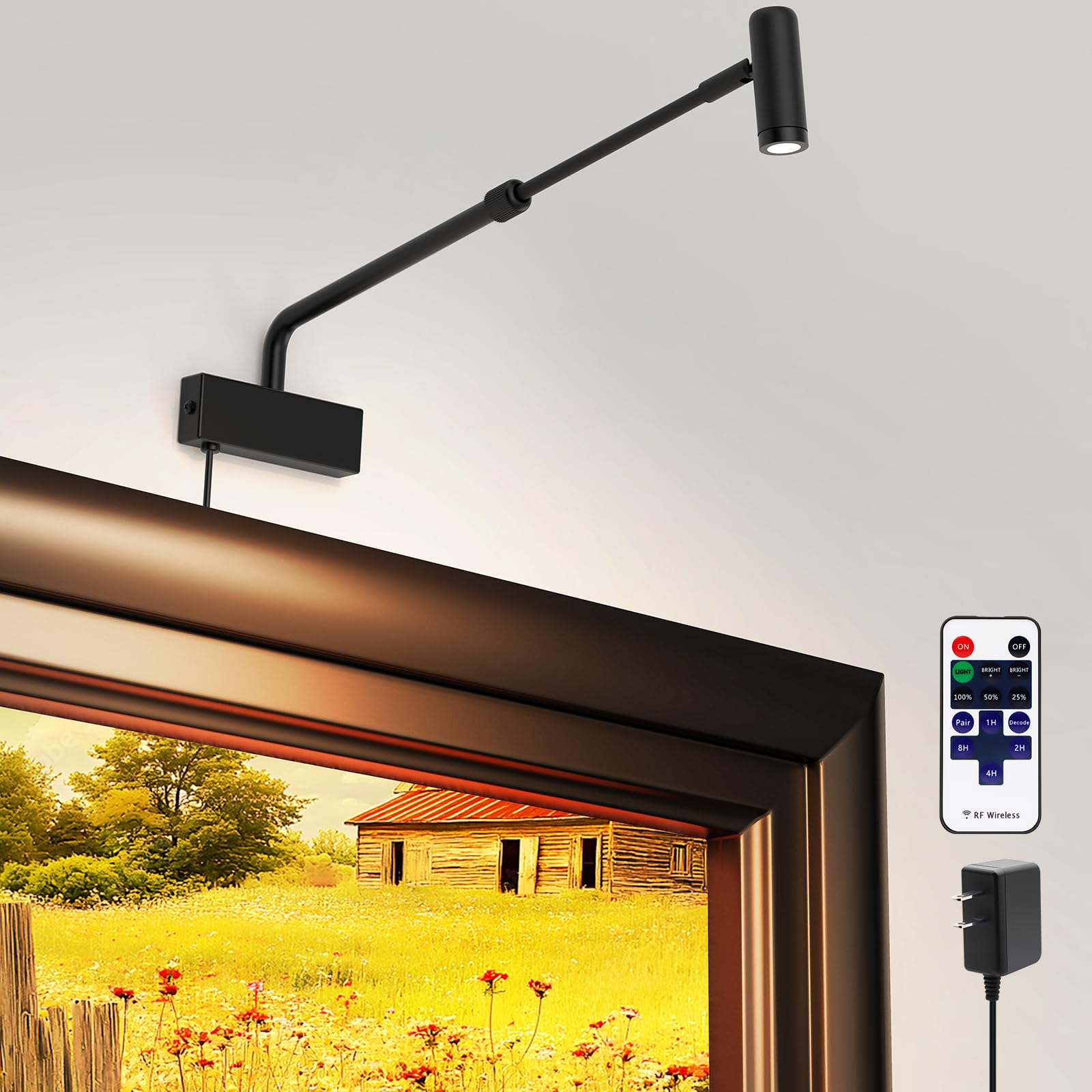 Hudyogy Picture Light for Wall with Retractable Arm, Rotatable Indoor Spotlight Plug in, Dimmable LED Picture Frame Light with Remote Control?2AAABattery Powered,Not Included?, Black Wall Light 2700K