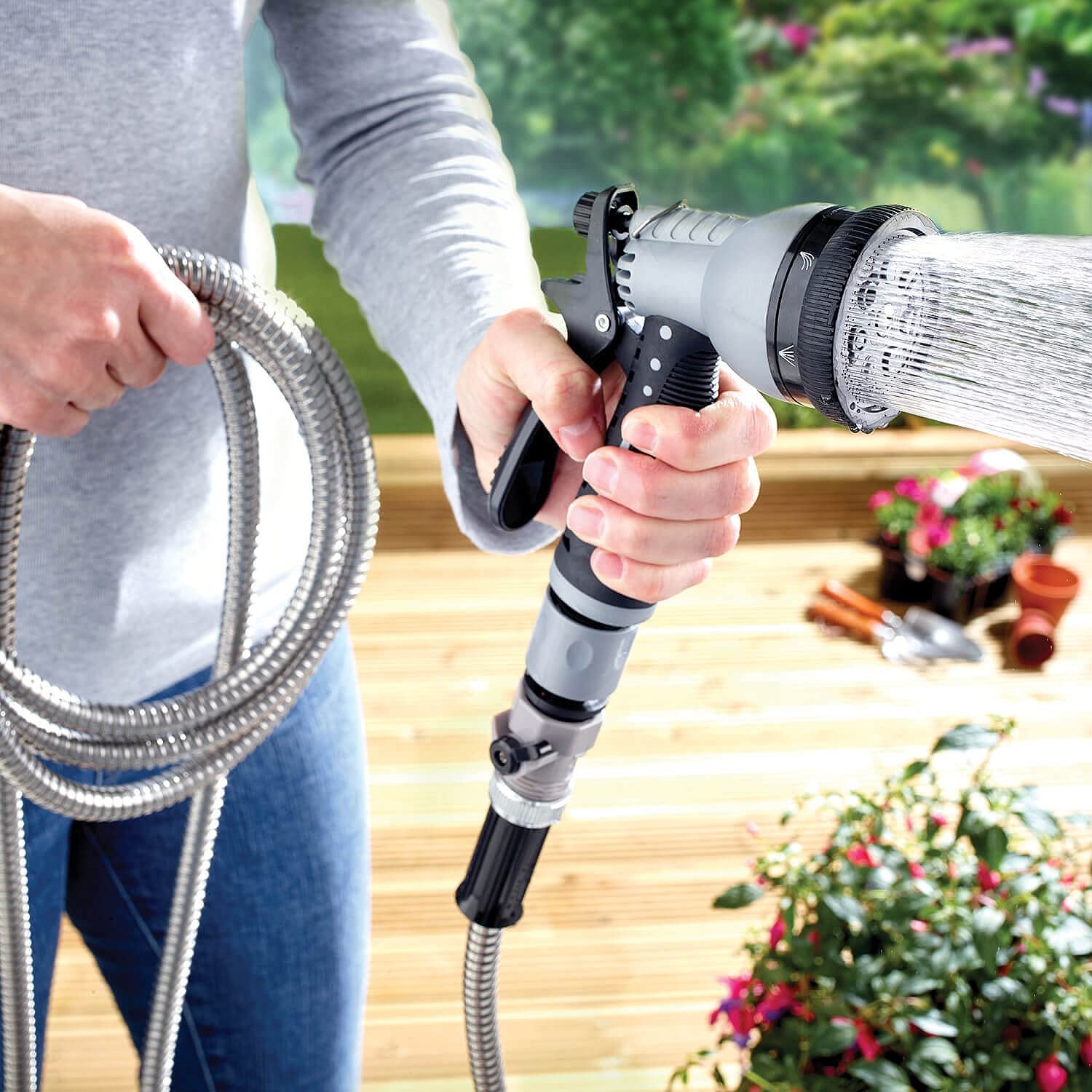 Coopers Of Stortford Silver - Stainless Steel Garden Hose - 15M/50Ft Lightweight & Flexible - Kink-Free Garden Hose Pope, Weather-Resistant With 7-Pattern Spray Nozzle