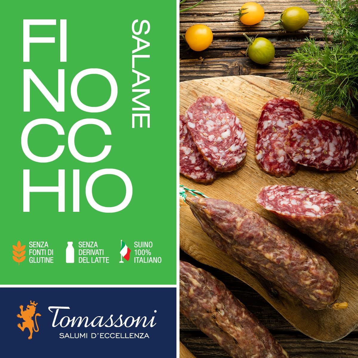 Tomassoni Salami Italien aux Graines de Fenouil, Salame al Finocchio, sans gluten et sans lactose, produit artisanal 100% italien, spécialités gastronomiques, emballé sous vide entier 280g