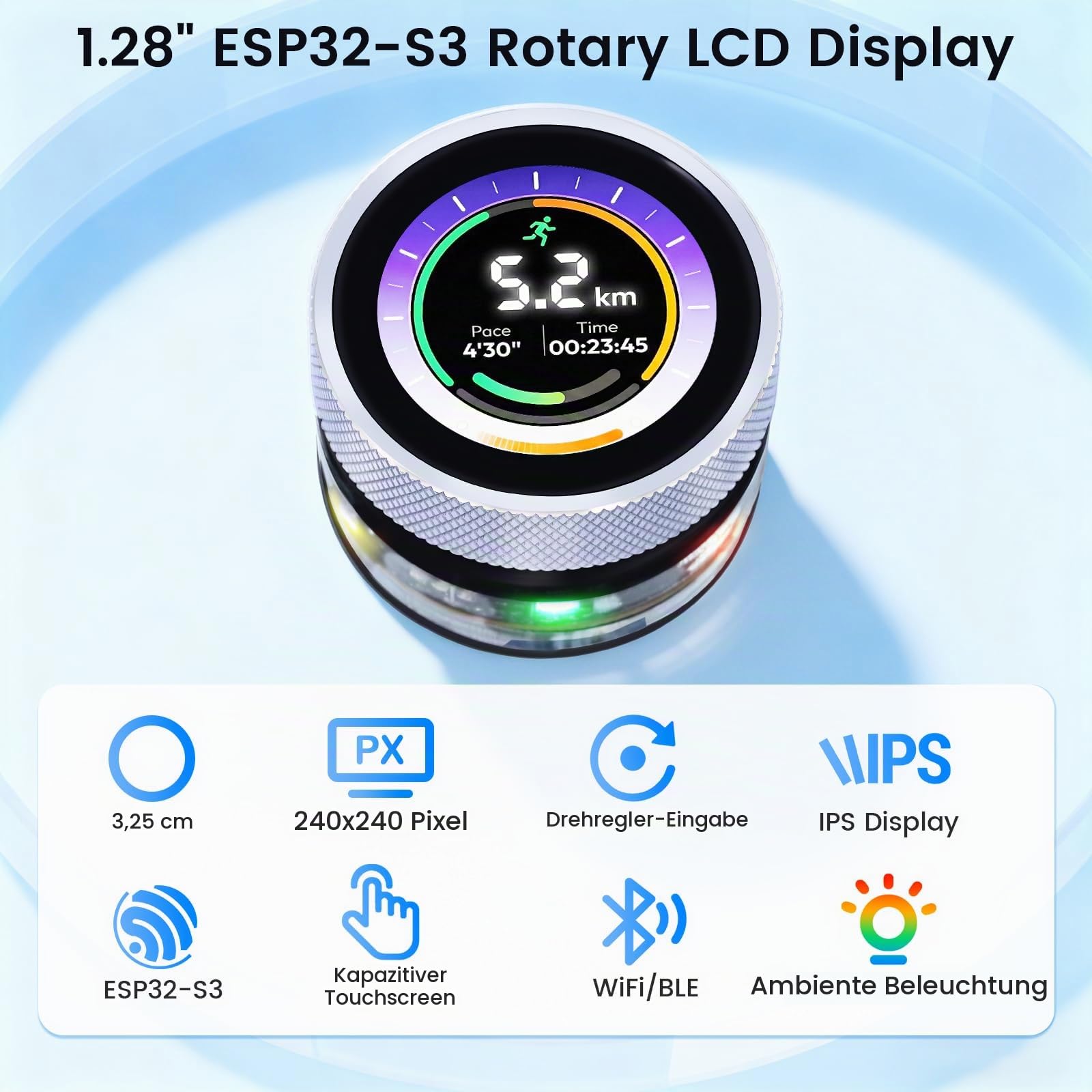 ELECROW ESP32 Rotary Display 240x240-1.28 Zoll HMI IPS Round Knob Touch Display Development Board, 2.4G WiFi und BLE Capacitive Touch Screen Kompatibel mit Arduino IDE und The LVGL Library, Silber