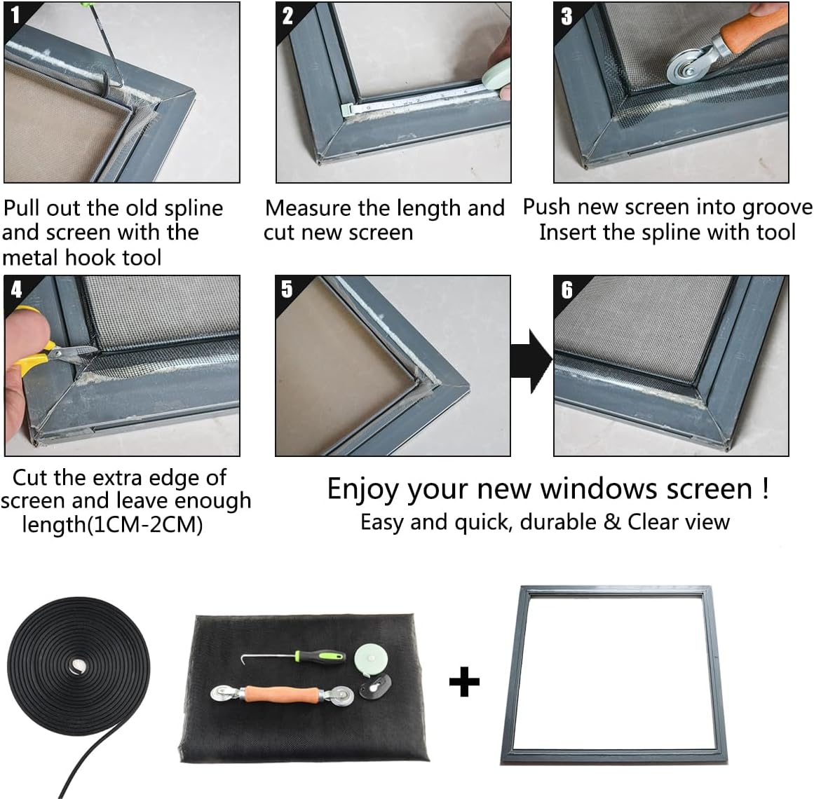 Window Screen Replacement,48"x118" Screen Repair Kit for Window & Patio Doors, Charcoal Fiberglass Mesh with Rolling Tool/Hook/Ruler/Cutter/Spline,Sliding Screen Door Replacement for Window