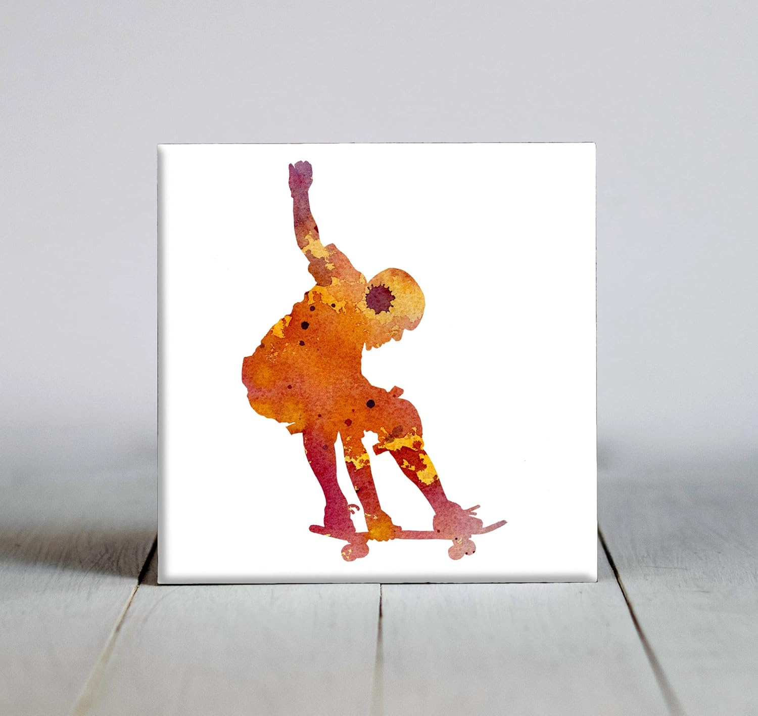Yellow Abstract Skateboarder Watercolor Art Decorative Tile (6 X 6 Framed)