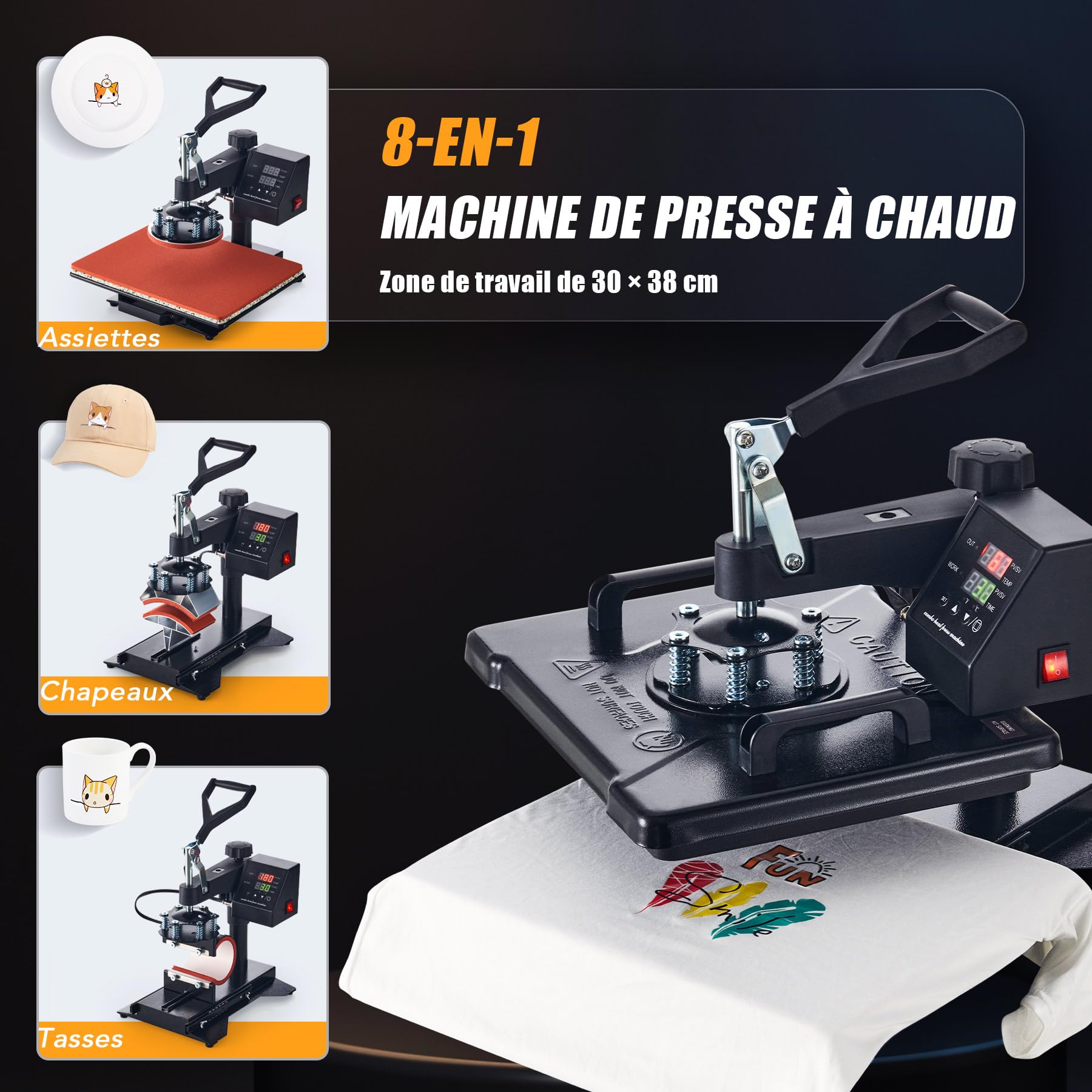 CREWORKS Pressa a Caldo 8 in 1 Multifunzione, 30x38 cm Termopressa Professionale per Personalizzazione Magliette, Tazze e Berretti, Kit Completo Trasferimento Termico 1250W