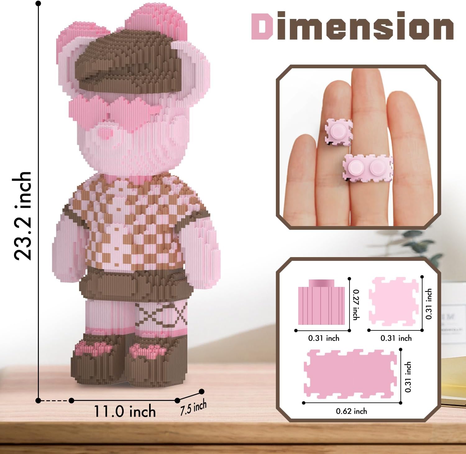 Detailed dimensions of the assembled Bear Building Blocks model, showing its height and width.