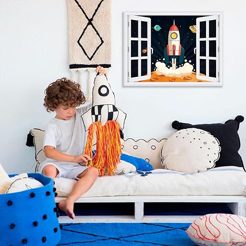 Miniatura 4 de HLNIUC Arte de pared con vista del espacio exterior 3D en la ventana, pósteres temáticos espaciales para niños, impresiones artísticas de cohete (12
