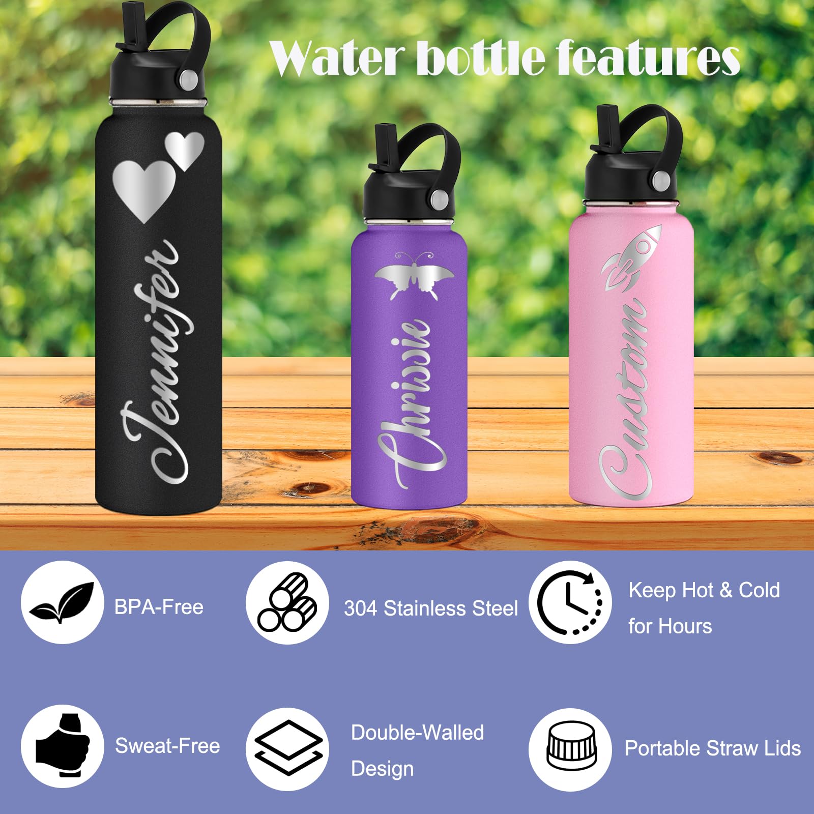 Amazon.com: Personalized Water Bottles with Straw Lid 24/32/40oz Custom  Engraved Name Logo Stainless Steel Insulated Bottles Customized Gift for  School Sport Gym Work : Home & Kitchen