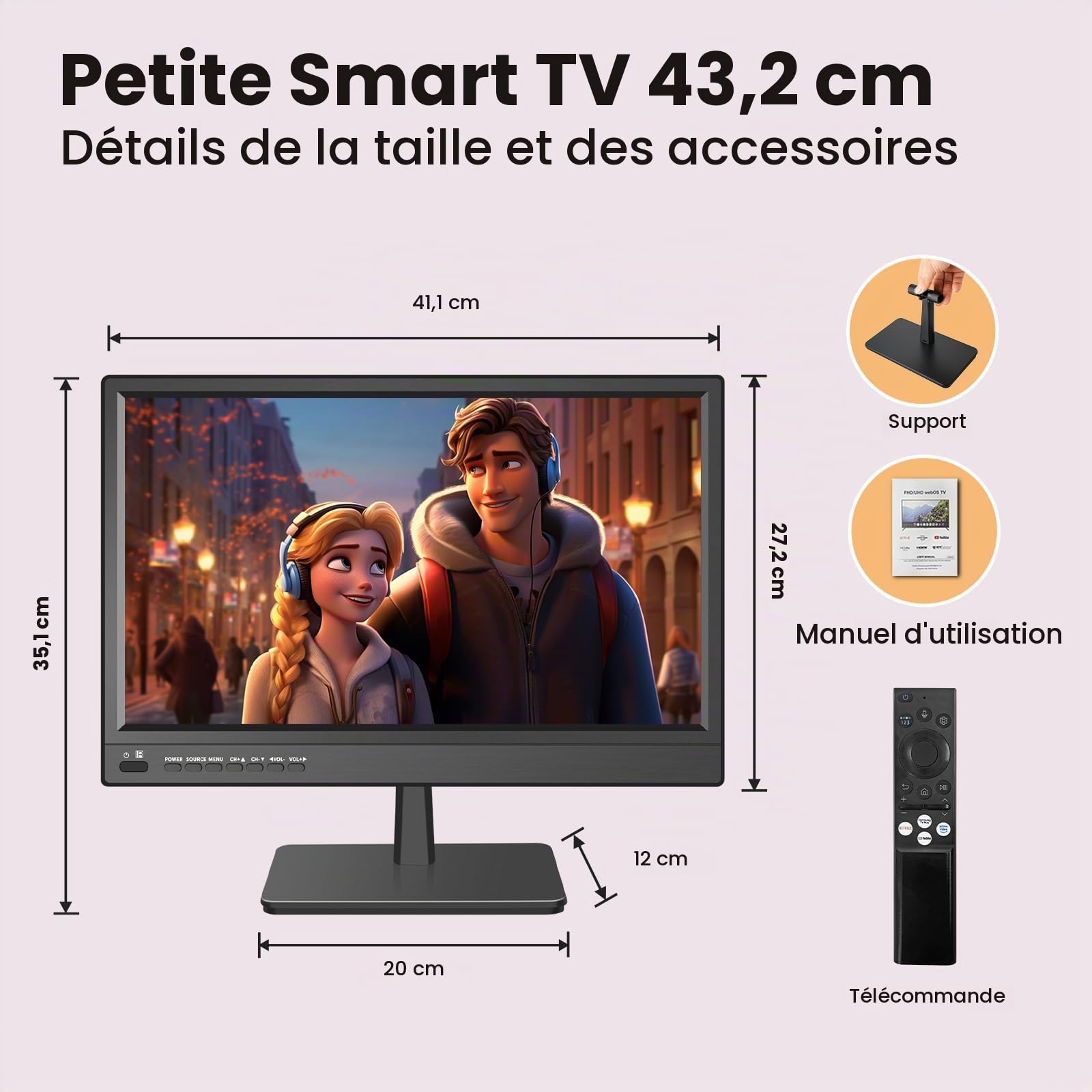 ZOSHING Smart TV de 17", petit téléviseur avec entrée HDMI, tuner numérique intégré/prend en charge USB mural pour chambre à coucher, cuisine, camping-car – Télécommande incluse (noir)