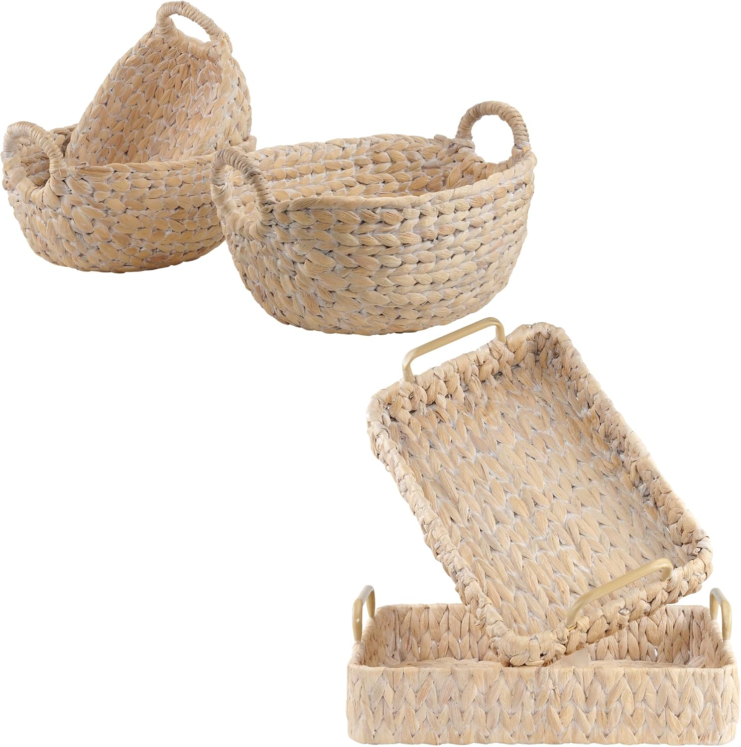 Set of 3 Wicker Storage Baskets with Handles and Set of 2 Rectangular Wicker Trays with Handles, White