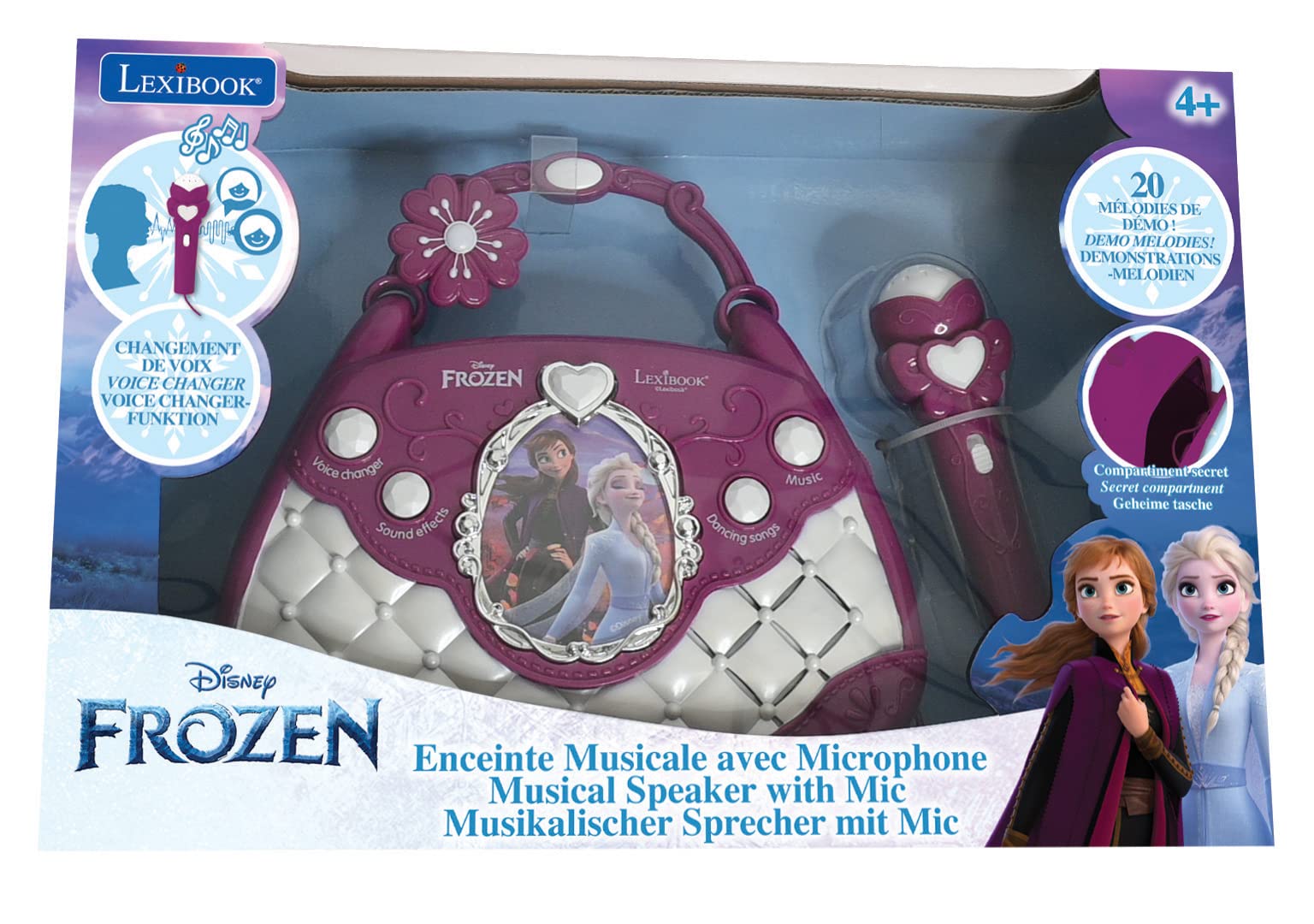 Lexibook K102FZ Disney Kraina Lodu Elsa Głośnik Muzyczny z Mikrofonem, Zmieniacz Głosu, Utwory Demonstracyjne, Wtyczka Mp3, Niebieski, Fioletowy, Biały, Średni