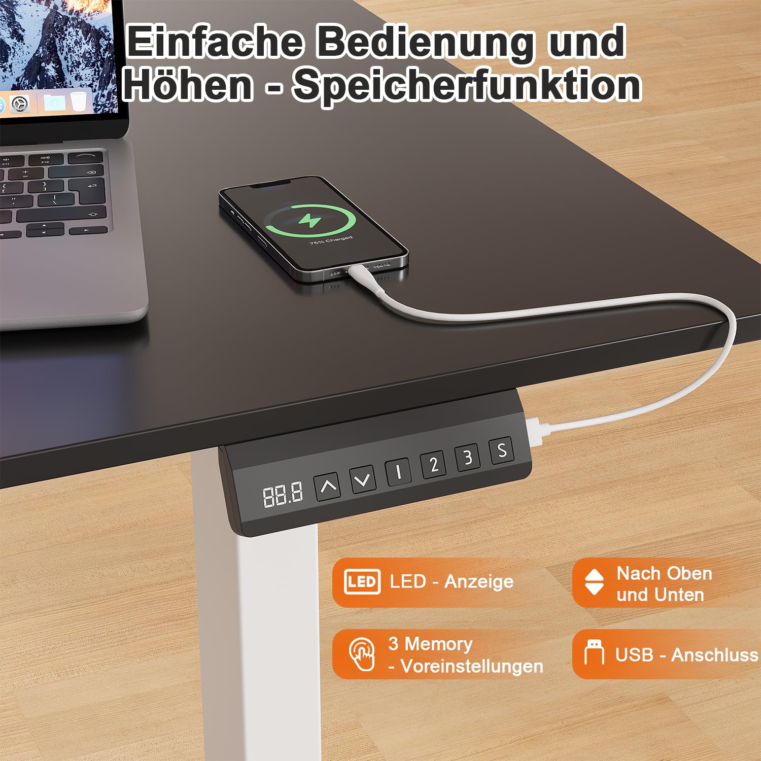 JUMMICO Höhenverstellbarer Schreibtisch Gestell mit 2 Starken Motoren, 100KG Belastbarkeit,Schreibtischgestell Höhenverstellbar mit 3 Speicherplätze & Type-C Ladeanschluss für Büro & Homeoffice