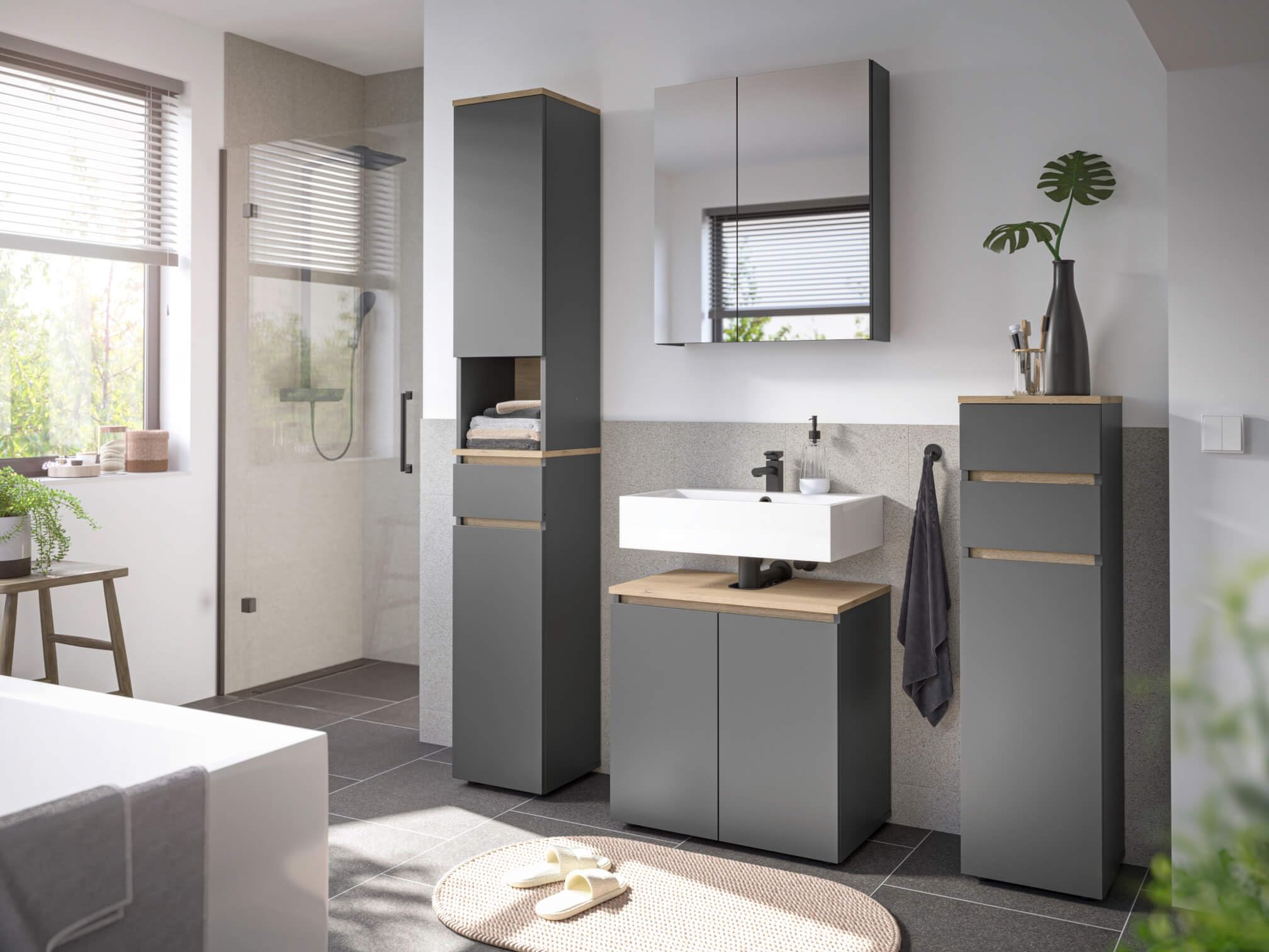 moebel-dich-auf Badezimmer Badmöbel -Set Londres Anthrazit Hochschrank Spiegelschrank Wbu Kommode Set 1