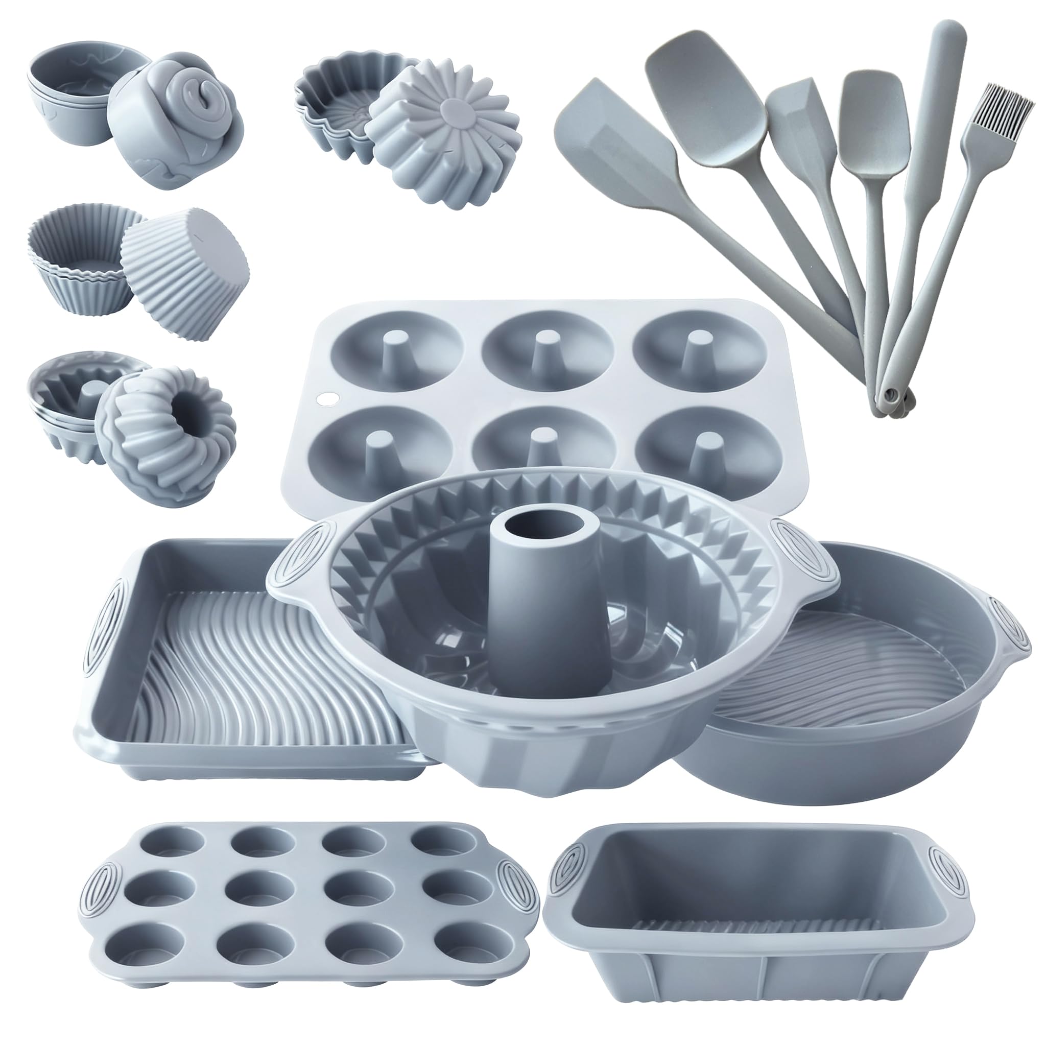 Lot de 6 moules de cuisson en silicone cannelés antiadhésifs réutilisables pour muffins, gâteaux, pain (gris clair)