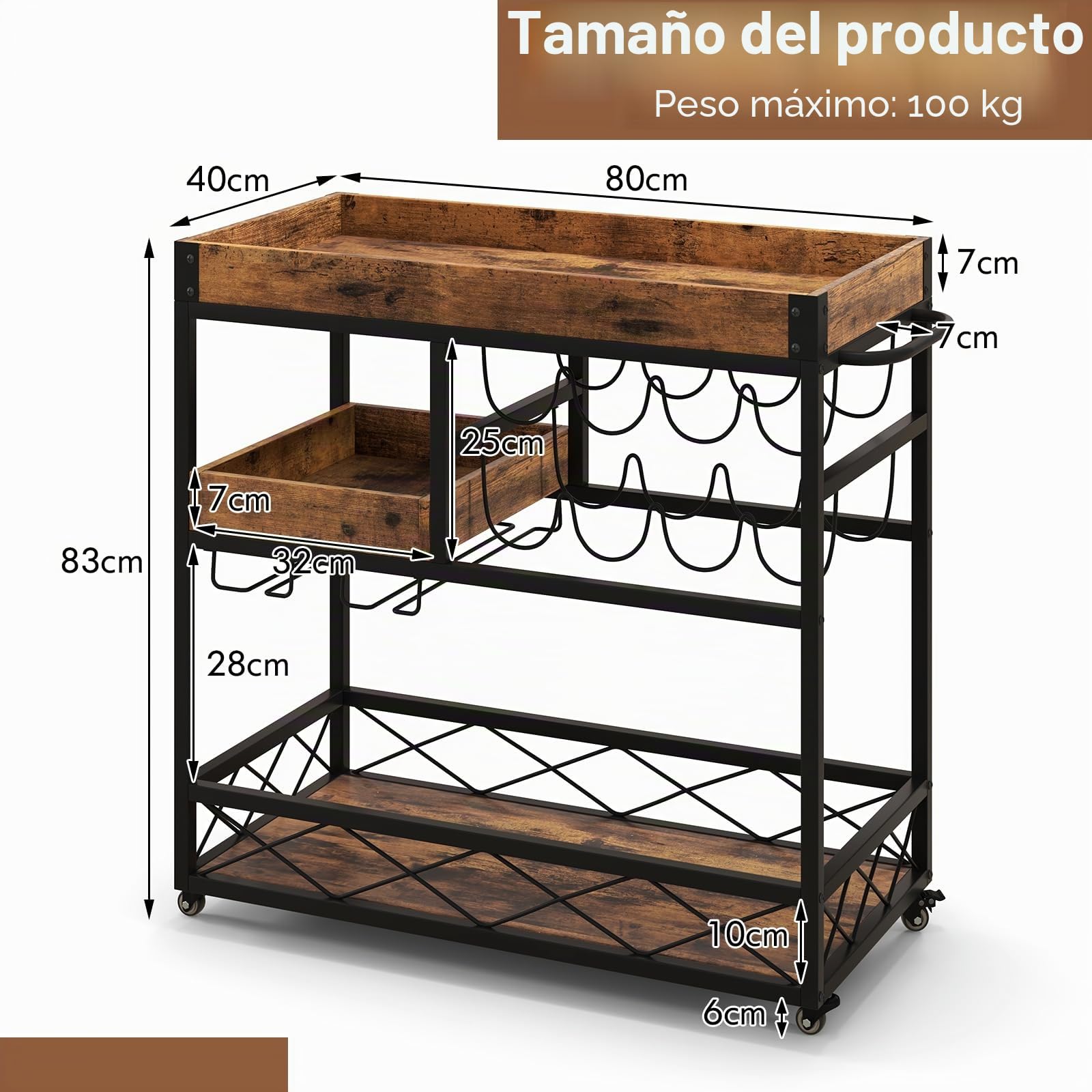 GOPLUS Carro de servir de 3 pisos, carrito de bar móvil con 8 botellas de vino y 12 soportes de cristal, carro de cocina con ruedas universales, asas, carrito de madera para salón y cocina