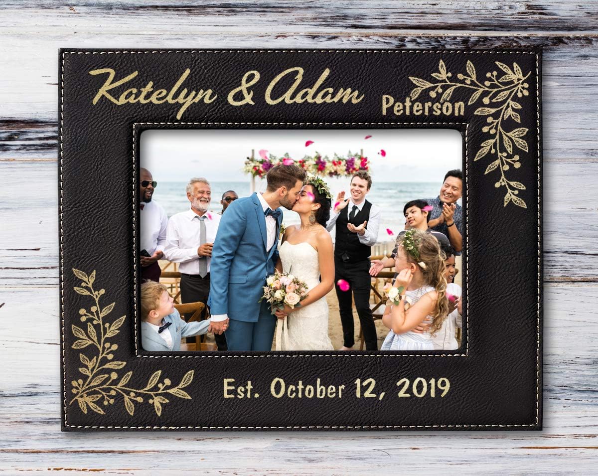Personalized Newlywed Couples 7x5 Leather Picture Frame Engraved Women Mens Wedding Anniversary Husband Wife