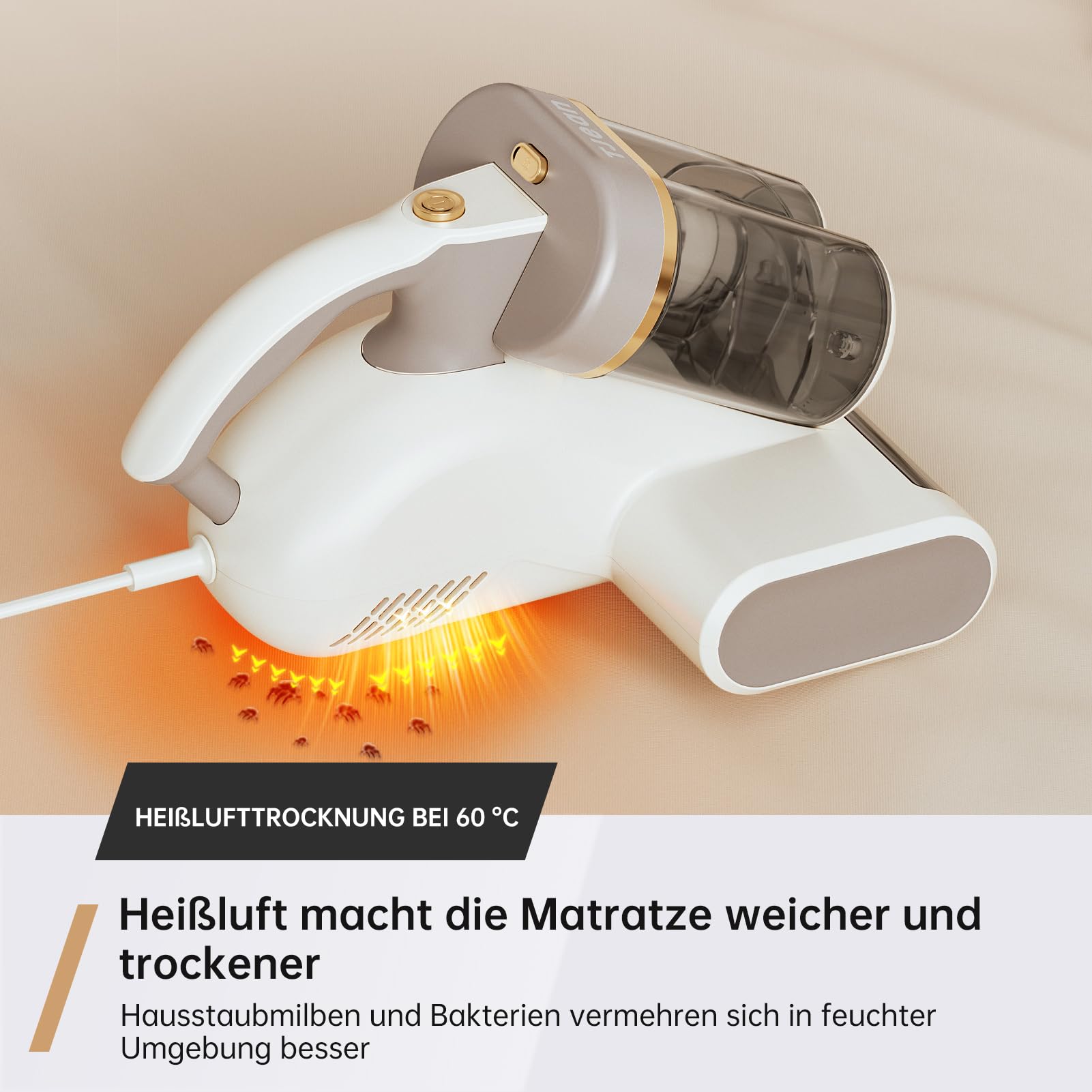 Tjean UV Milbensauger für Matratzen – Doppelter Staubbehälter, HEPA-Filter, Heißer Wind Funktion