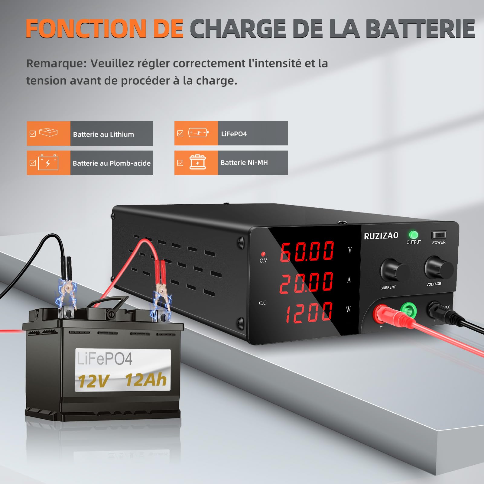 Alimentation de Laboratoire 60V 20A 1200W Haute Puissance Alimentation Stabilisée Réglable avec OUTPUT/Encodeur Bloc d'alimentation Laboratoire pour Automatisation/Laboratoire/Test de Batterie