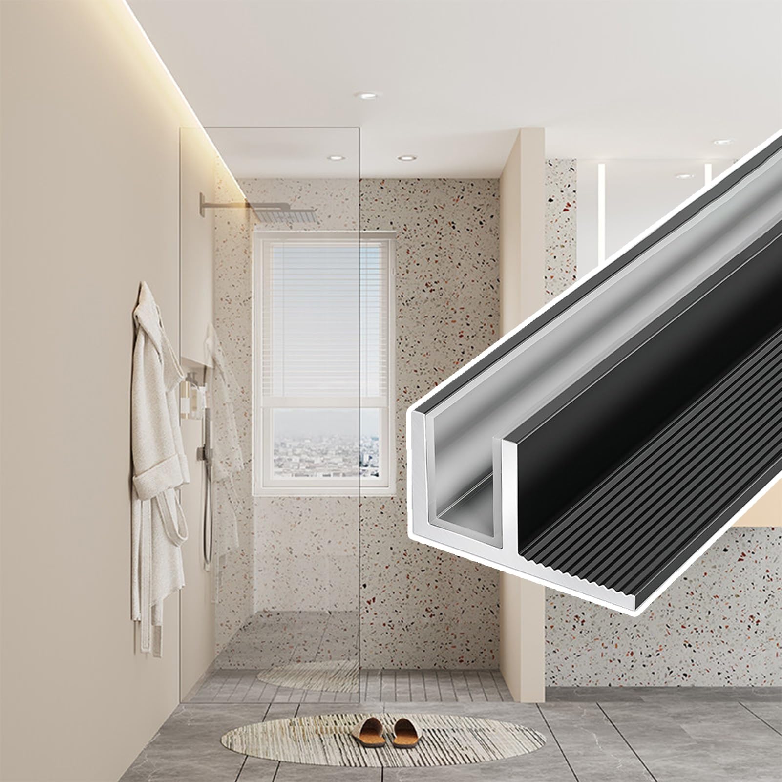 Kittivity Black F-Shaped Frameless Glass Channel With Protective Pad, Embedded Partitions Panels Retaining Track Hardware Kit, Heavy Duty Fixed Slot(,L2.1m/6.9Ft)