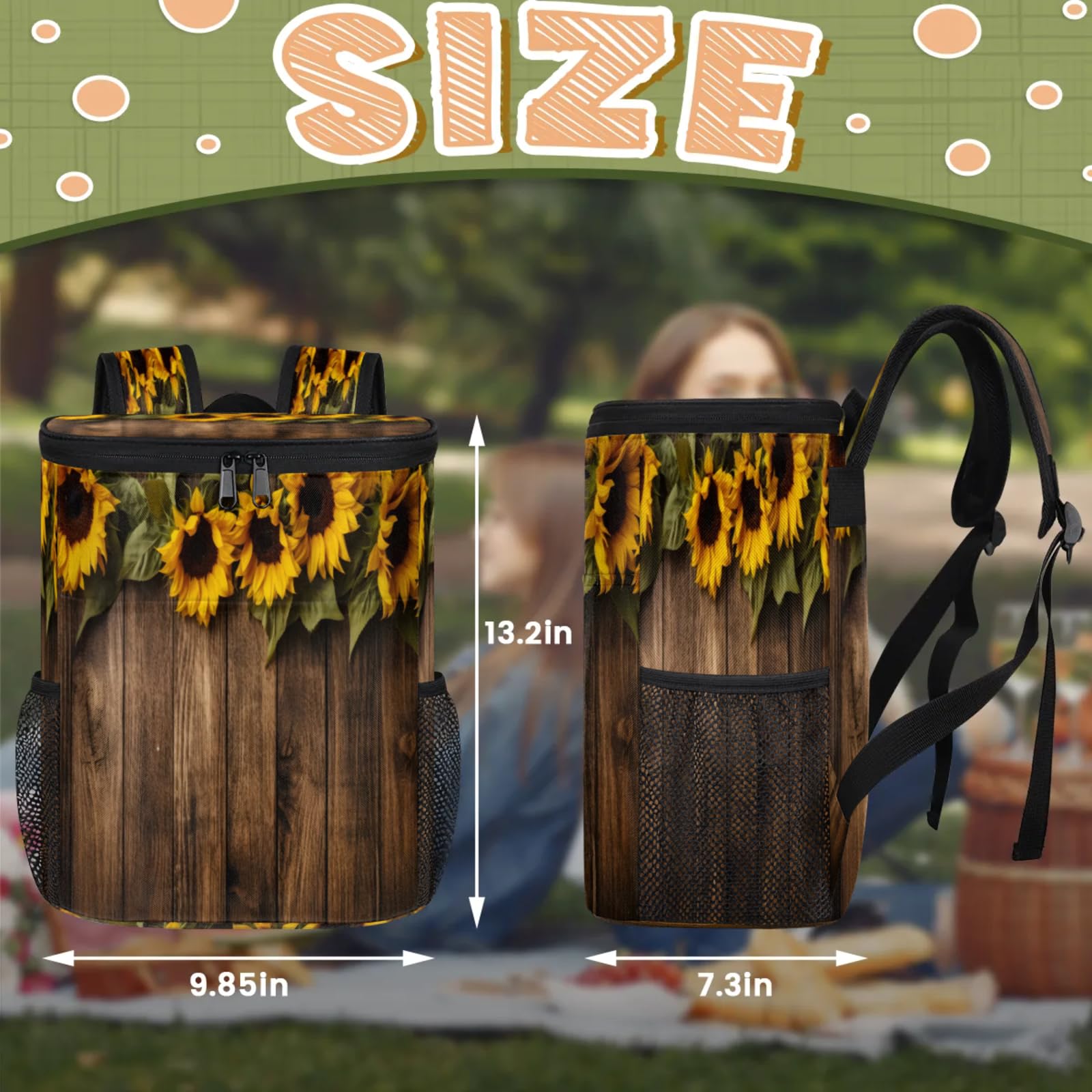 CNNINGYI Insulated Cooler Backpack 30 Cans, Sunflower Leak Proof Cooler Bag, Lightweight Backpack Coolers for Picnic Fishing Hiking Camping Park Beach, Rustic Farmhouse