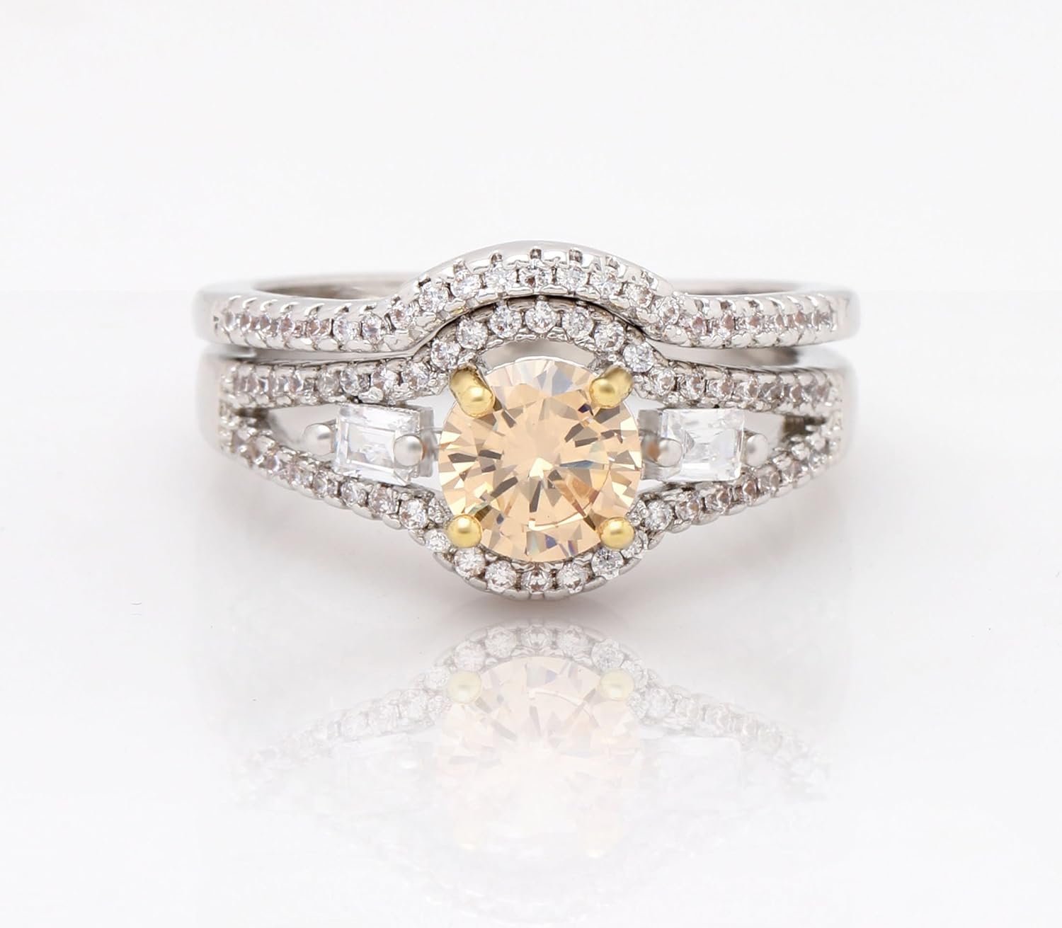 Sasha Wedding Ring Set for Women by Ginger Lyne | Solitaire Champagne Engagement Ring with Matching Wedding Band for Her | Unique Bridal Jewerly for Wife or Girlfriend