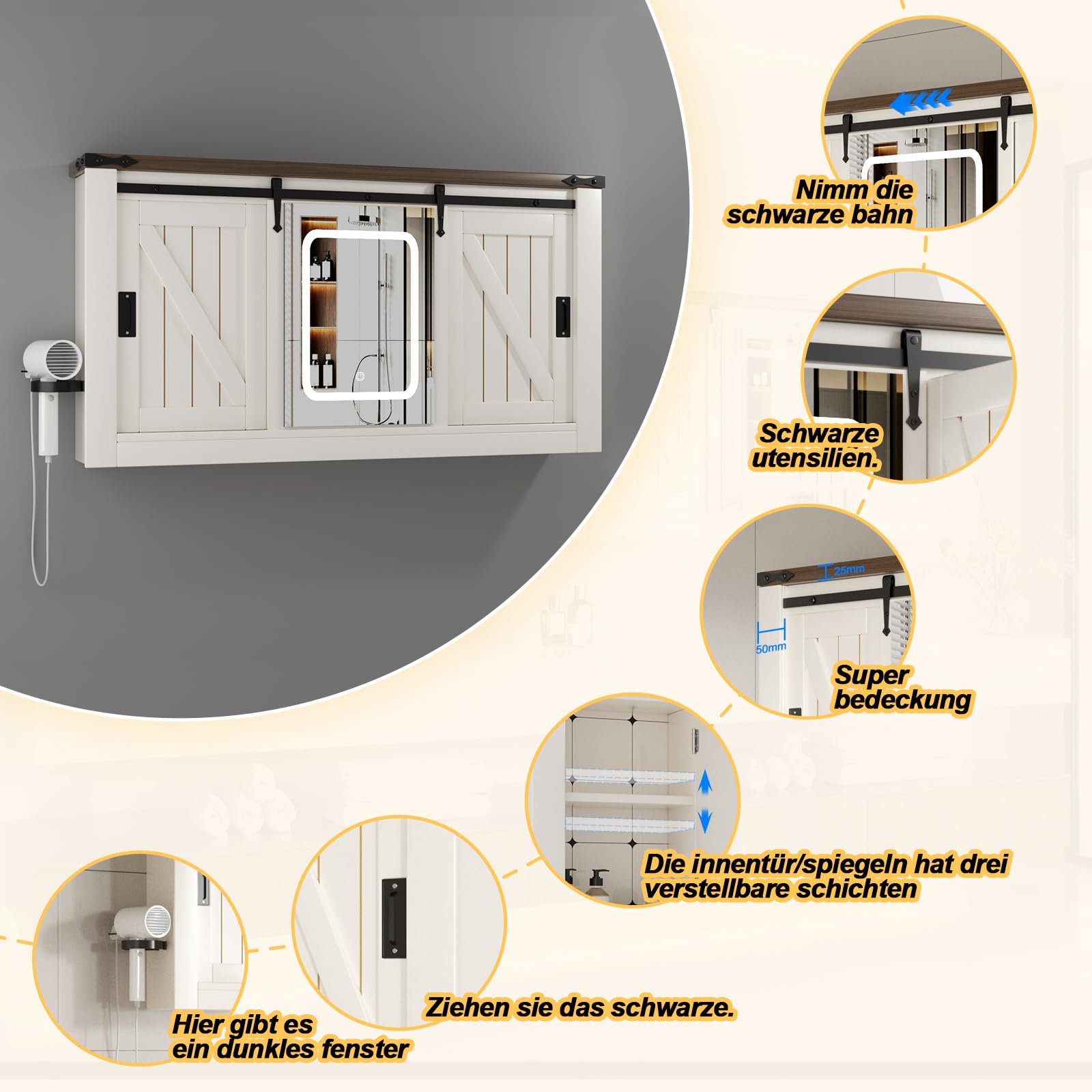 Specchio Bagno Contenitore con Luce Mobile Bagno Armadietto con 5 Mensola Regolabile e Porta asciugacapelli 120 * 19 * 60 cm