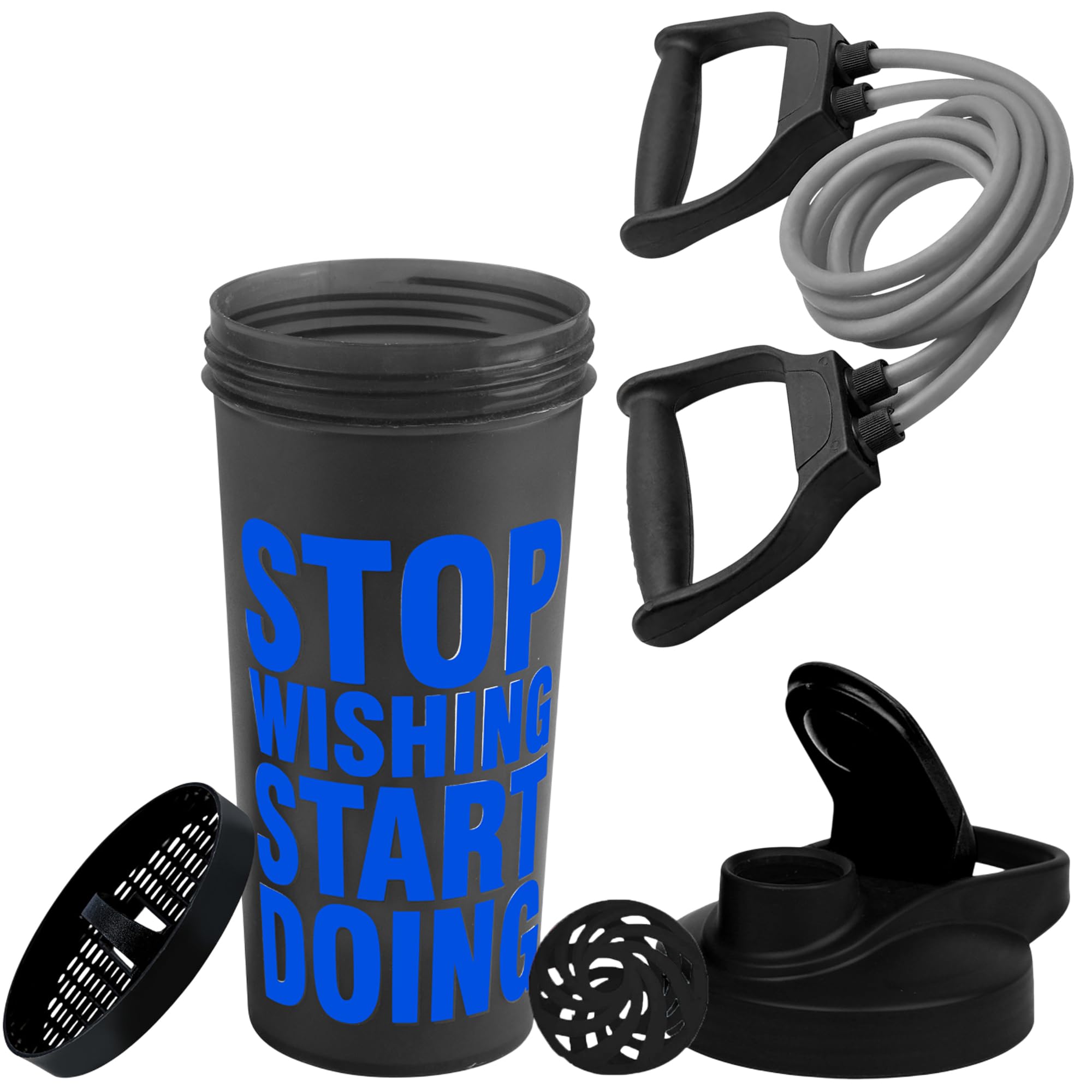 COOL INDIANS Gym Motivational Stop Wishing Start Doing Protein Shaker Bottle 700ml with Exercise Resistance Band, Adjustable Resistance levels to suit beginners and advanced, For Men & Women (Blue)-image-11