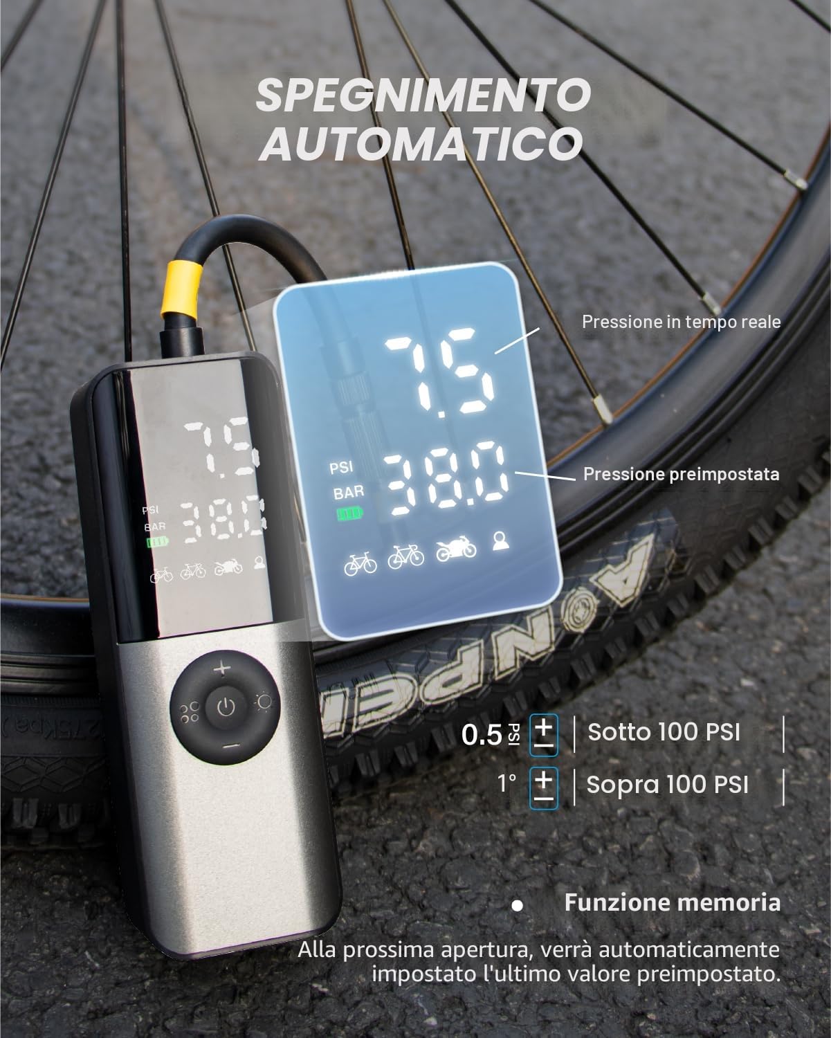 GPUTEK Pompa elettrica per bicicletta, mini pompa ad aria per bicicletta, 150 PSI, con misuratore di pressione digitale, ricaricabile, con accessori per valvole per bici da corsa, mountain bike