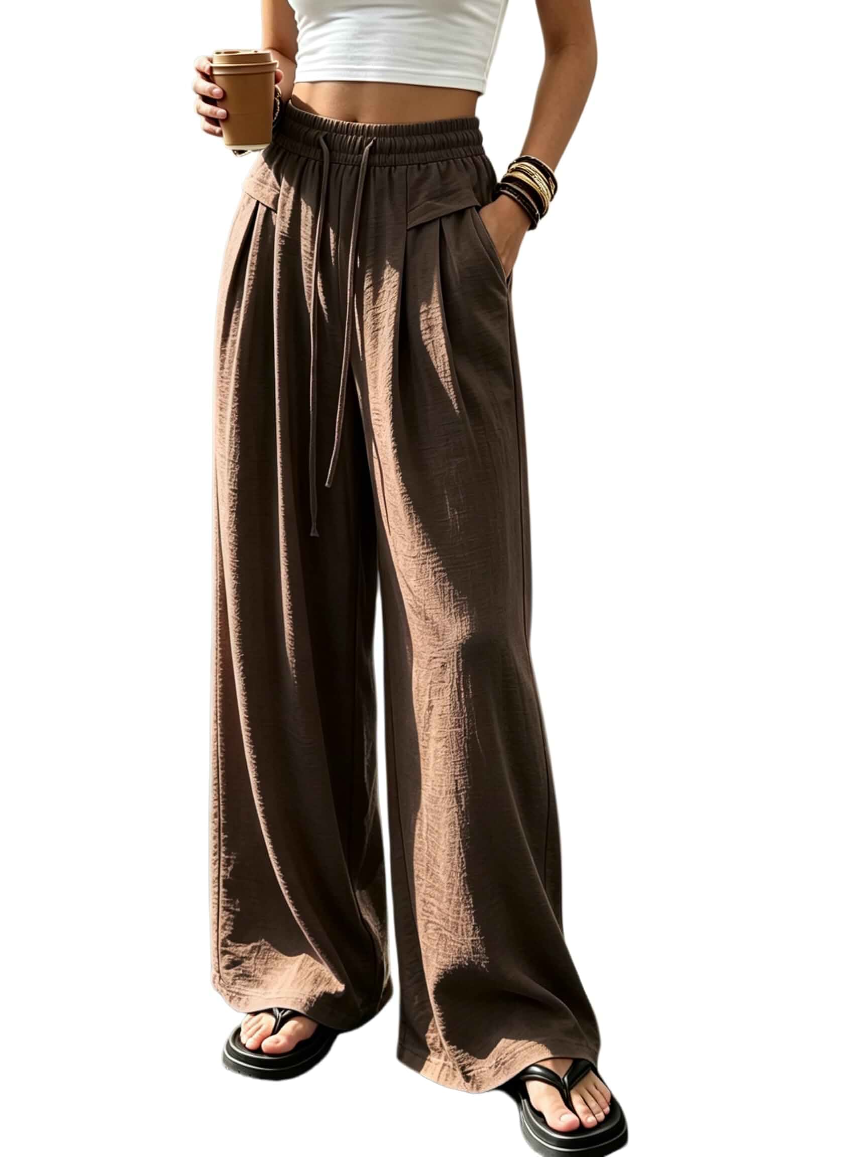 JIA QING YAN Women High-Waist Wide-Leg Pants Sporty Culottes with Pockets Casual Attire Pleated Design Pants