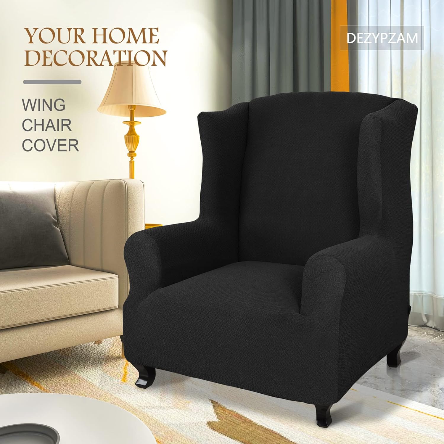 Wing Chair Slipcover, Wing Chair Slipcover 1 Piece Wing Back Arm Chair Furniture Cover Slipcover, for Armchairs - Wingback Chair Covers (Black)