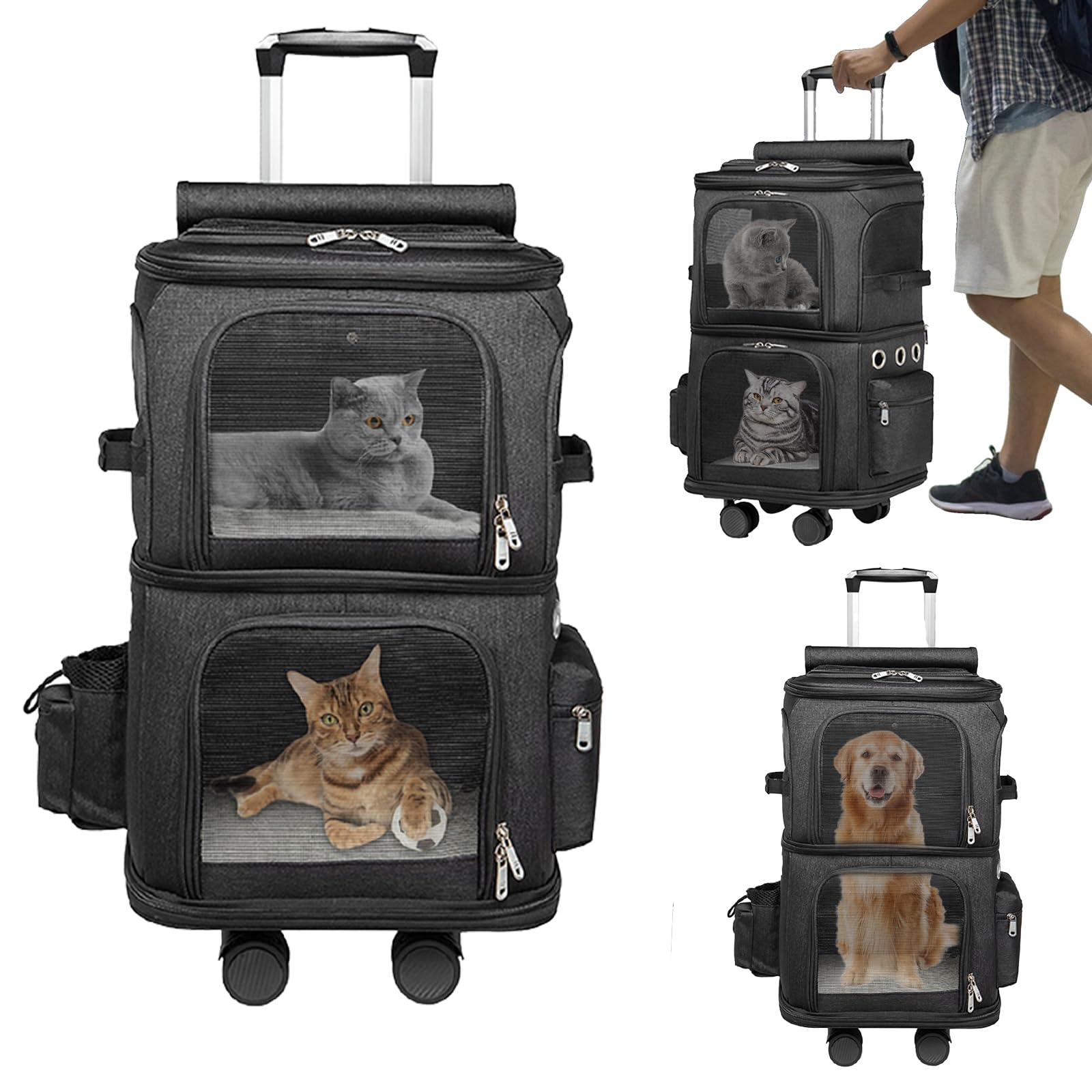 Mochila para Gatos, Mochila Doble para Gatos Bolsa de Viaje Portátil con Ruedas Desmontables Bolsa portátil para Gatoses Bolsa de Transporte para 2 Gatoses y Perros Pequeños