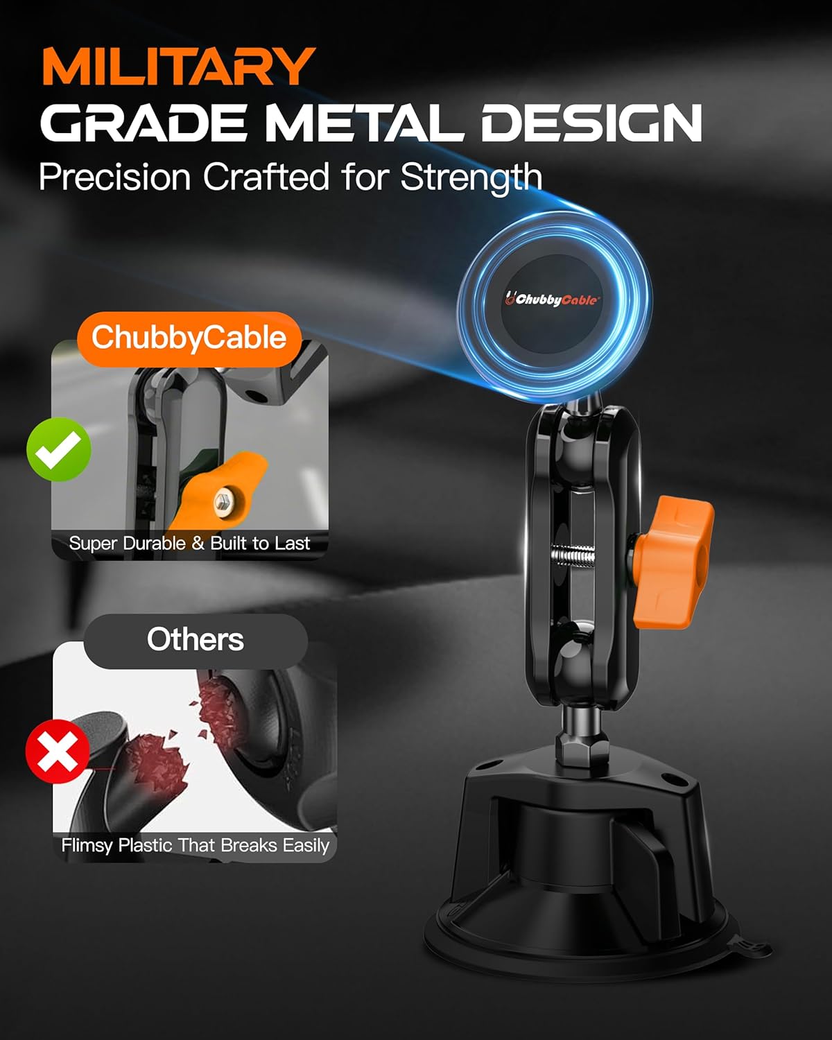 chubbycable ChubbyGrip Magnetic Dash Mount Vacuum Magnetic Phone Holder for Your Car 360° Adjustable Suction Cup Magsafe Car Phone Mount for Windshield Dashboard, Magnetic Phone Holder, Orange