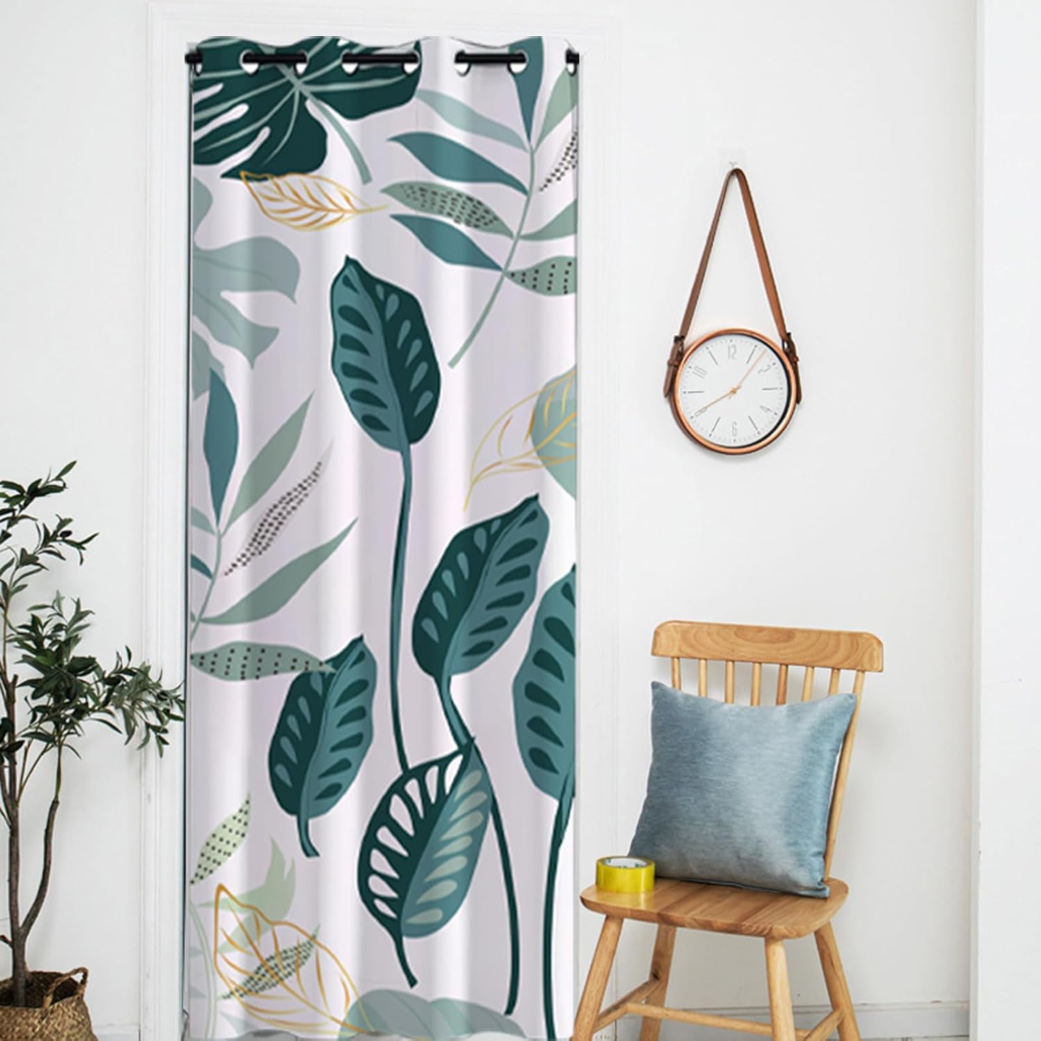 Door Curtain, Thermal Insulated Doorway Curtains, Sliding Closet Door Curtains, Grommet Divider Curtain for Bedroom, Green Leaves, 39" W x 70" L (1 Panel)