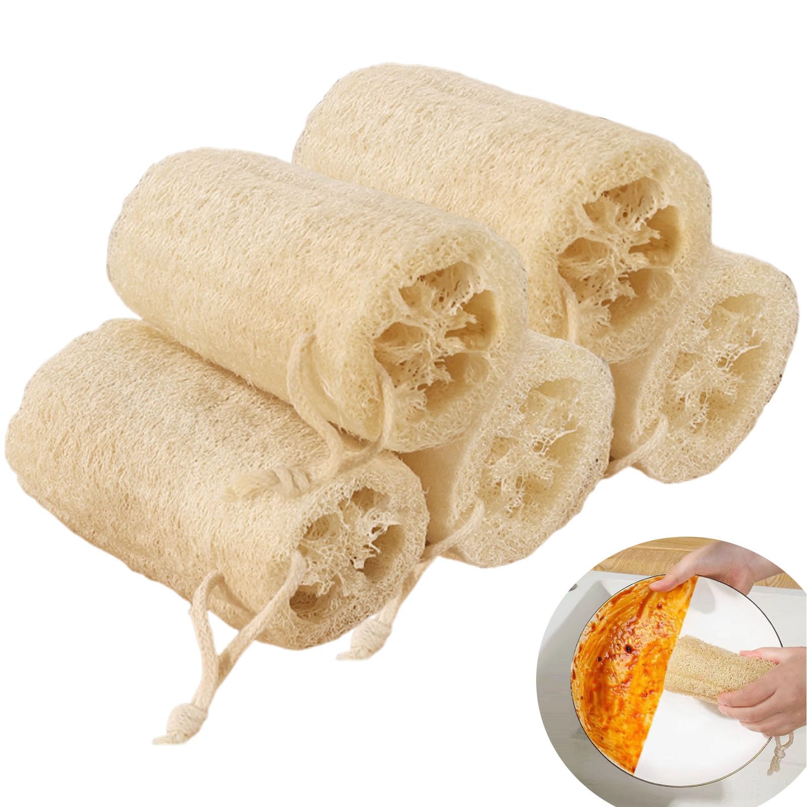 Luffa spugna naturale, 5 pezzi, 12 cm, esfoliatore delicato per viso e corpo, ideale anche come robusto panno per la cucina