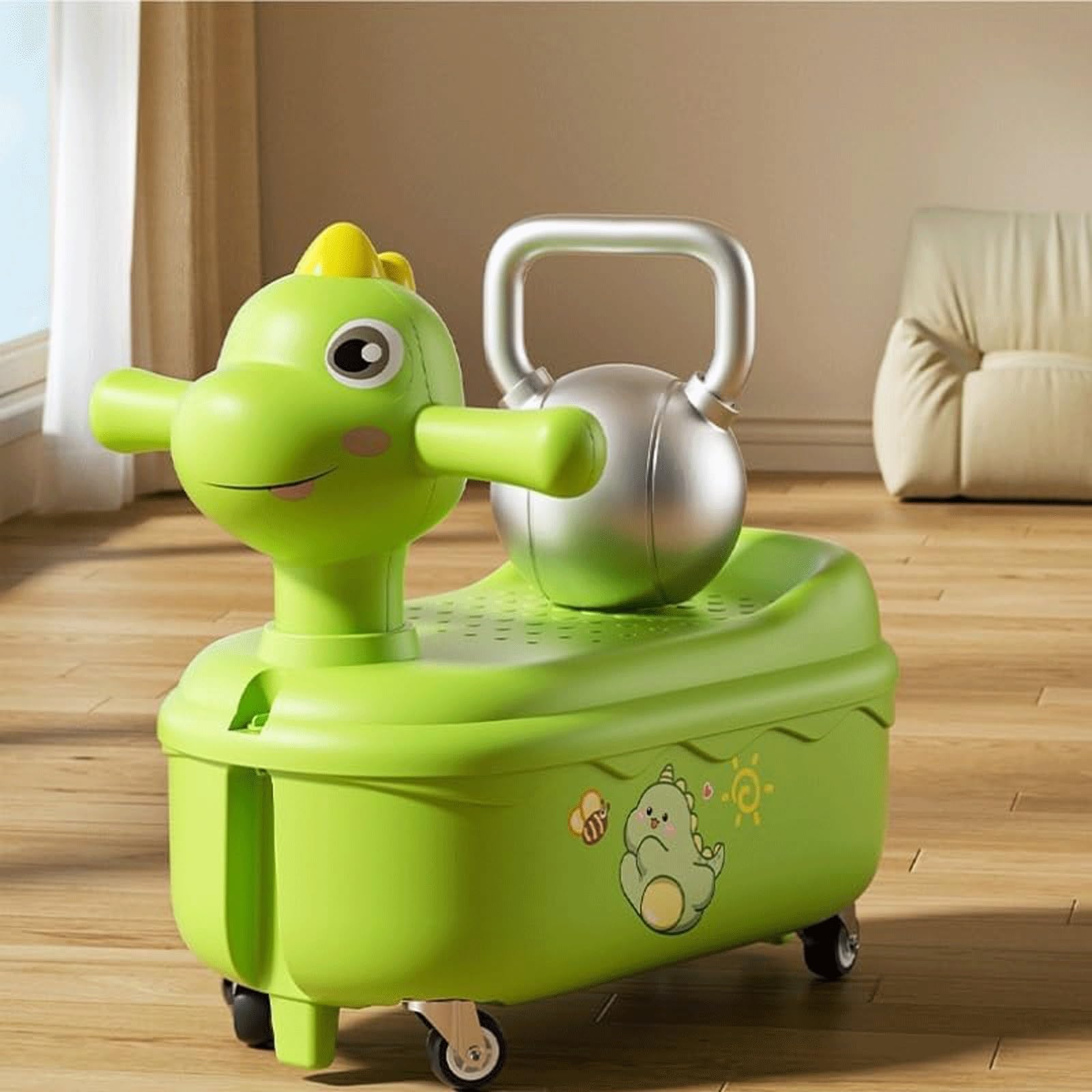 Huśtawka samochodowa Dinozaur Wiggle skuter, muzyka, waga, oświetlenie rowerowe, jazda na samochodzie, pchanie z miejscem do przechowywania, Wiggle dla dzieci (Geel)