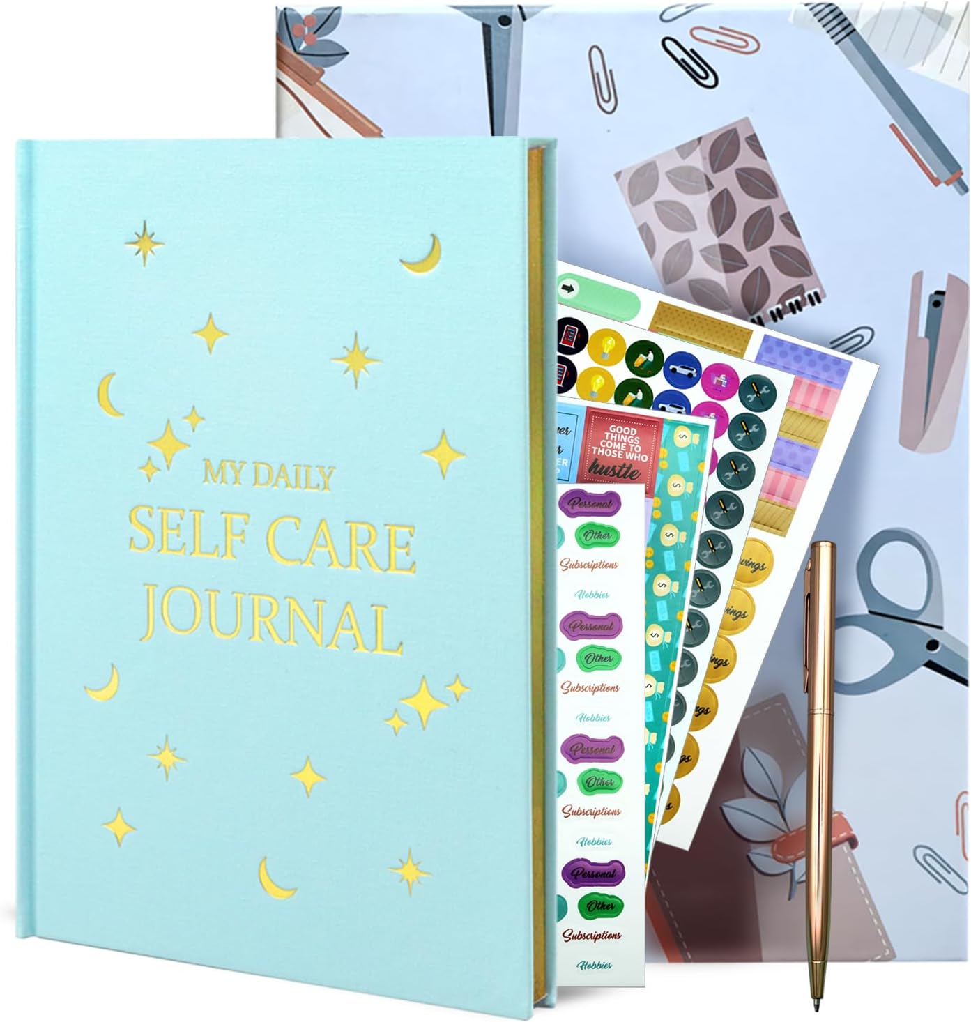 Gratitude Journal, Daily Reflection Journal for More Happiness, Mindfulness & Affirmation, Self Care Journals for Women & Men, 6 Inspirational Stickers and Ballpoint Pen,Blue
