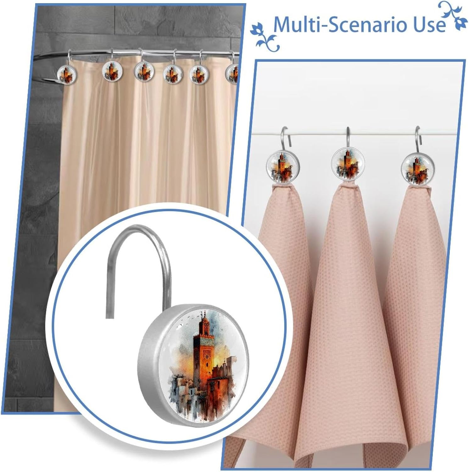12PCS Watercolor Moroccan Shower Curtain Hooks Rings for Bathroom, Decorative Shower Curtain Hooks Rods Curtains and Liner