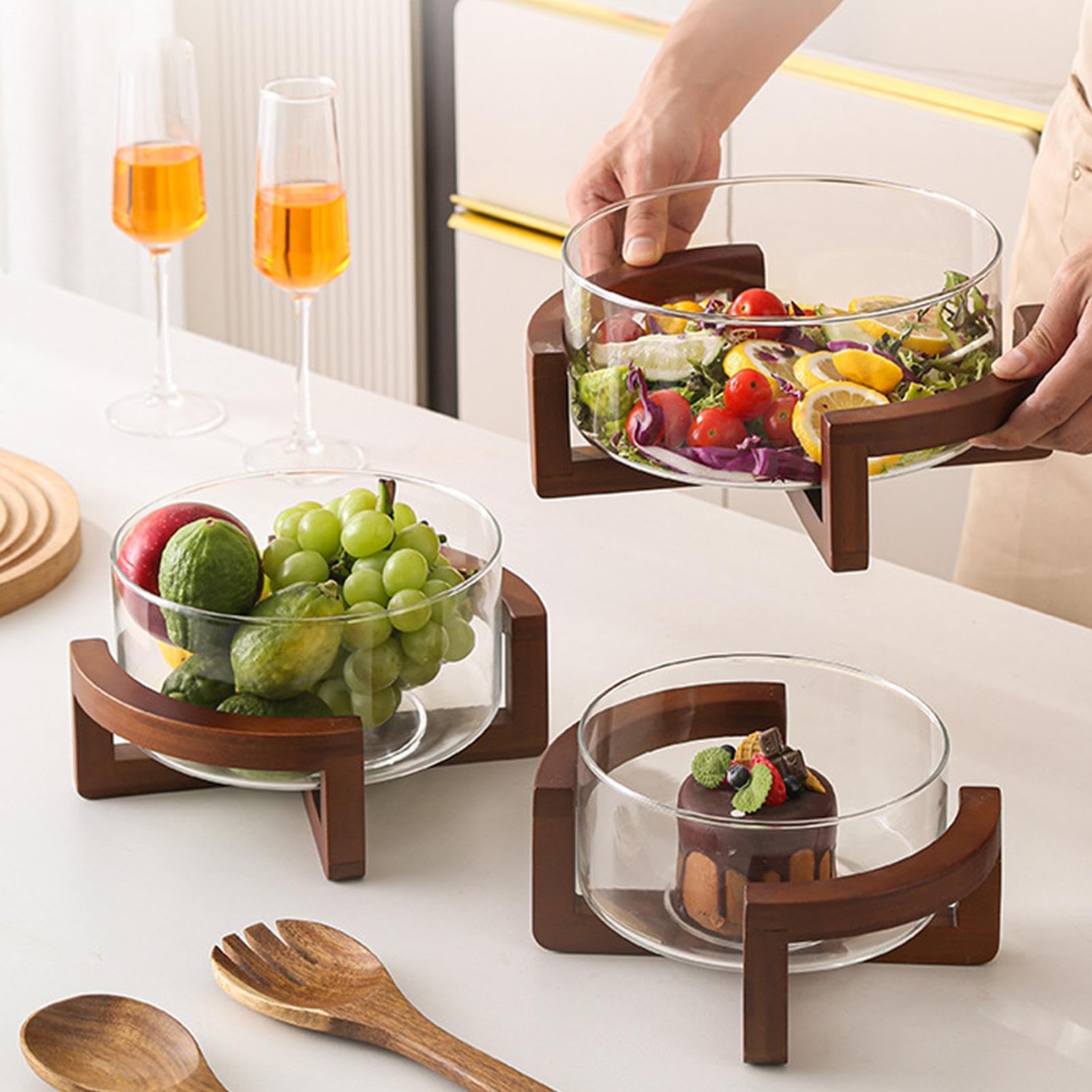 Gran Cuenco de Vidrio 1800 ml de Gran Capacidad con Base de Madera