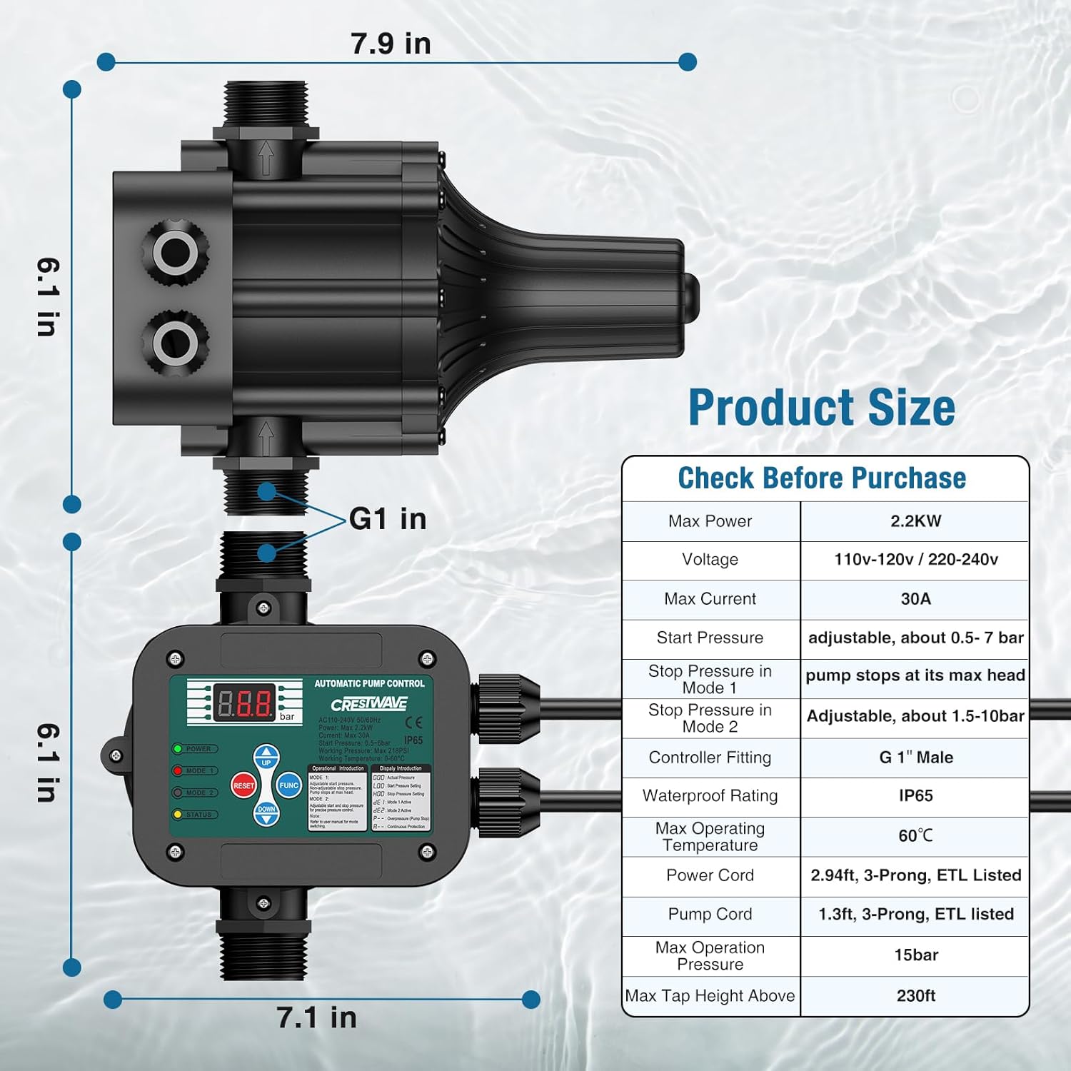 Smart Adjustable Pressure Switch for Well Pump, Automatic Water Pumps Switch, Dry-running Protection for Submersible/Shallow Well/Garden/Jet/Self-priming Pump, Power&Pump Cable Included