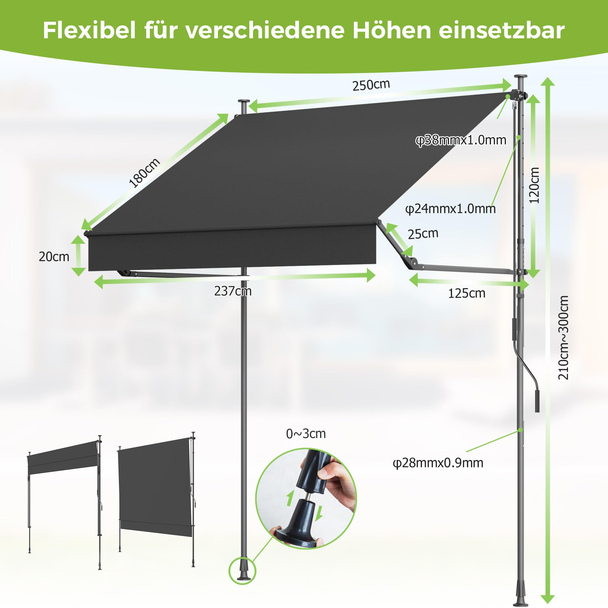 BelleMax Klemmmarkise ohne Bohren mit Handkurbel, 2026 Upgrade 2-in-1-Balkonmarkise mit Faltbarem Seitenarm, UV-Schutz & Sonnenschutz, Wasserdicht Höhenverstellbar Anthrazit 250 cm x (125 + 25 cm)