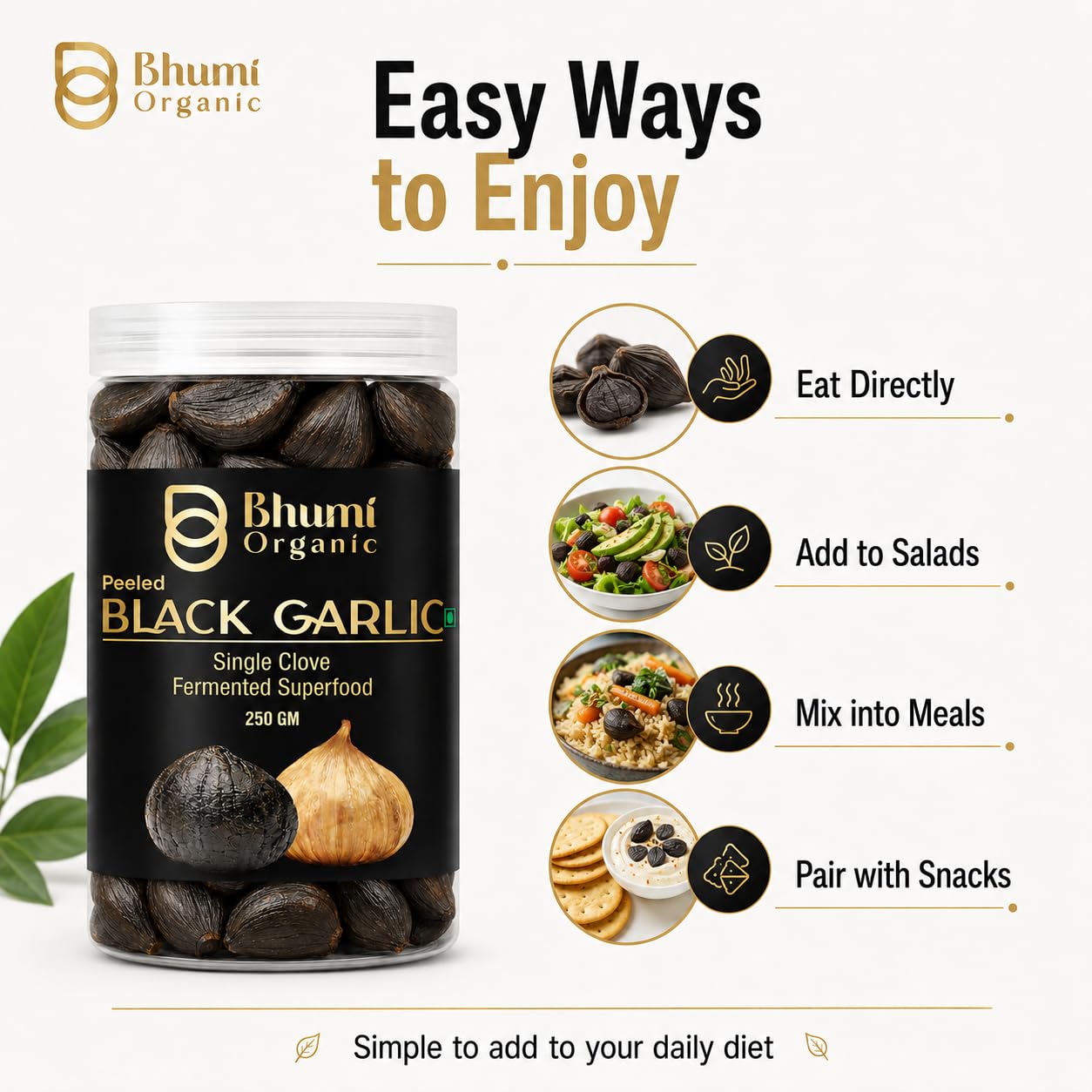 Bhumi Organic Schwarze Knoblauchzehe, verzehrfertig, 90 Tage gereift, sehr nahrhaft (250 g)