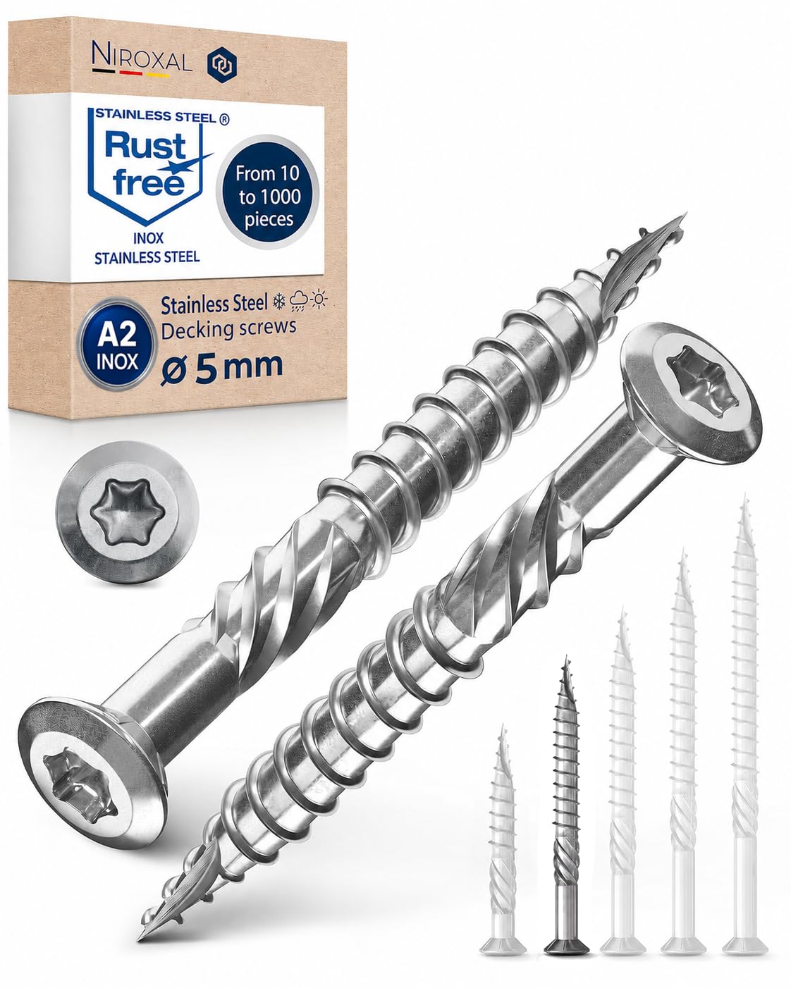 Vis terrasse inox C1 vis à bois Torx TX tête fraisée vis bois extérieur vis inox terrasse 5x5 mm – 1000 pcs