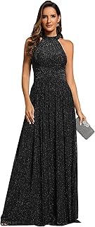 Women's Halter Neck Summer Formal Dresses Sleeveless Pletaed Floor Length Glitter Evening Dresses 41961 - Buy now