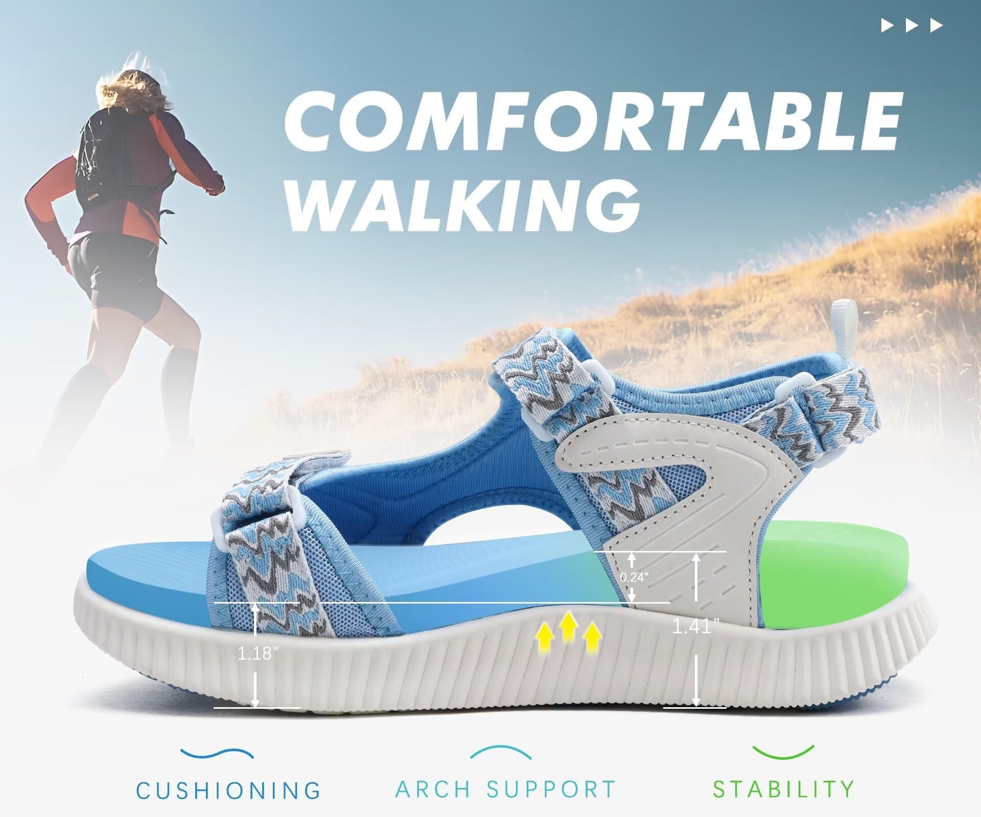KuaiLu Sandalias ortopédicas para caminar para mujer, soporte de arco, recuperación, deportes, senderismo, agua, sandalias gruesas y atléticas, cómodas para fascitis plantar, sandalias ajustables US6