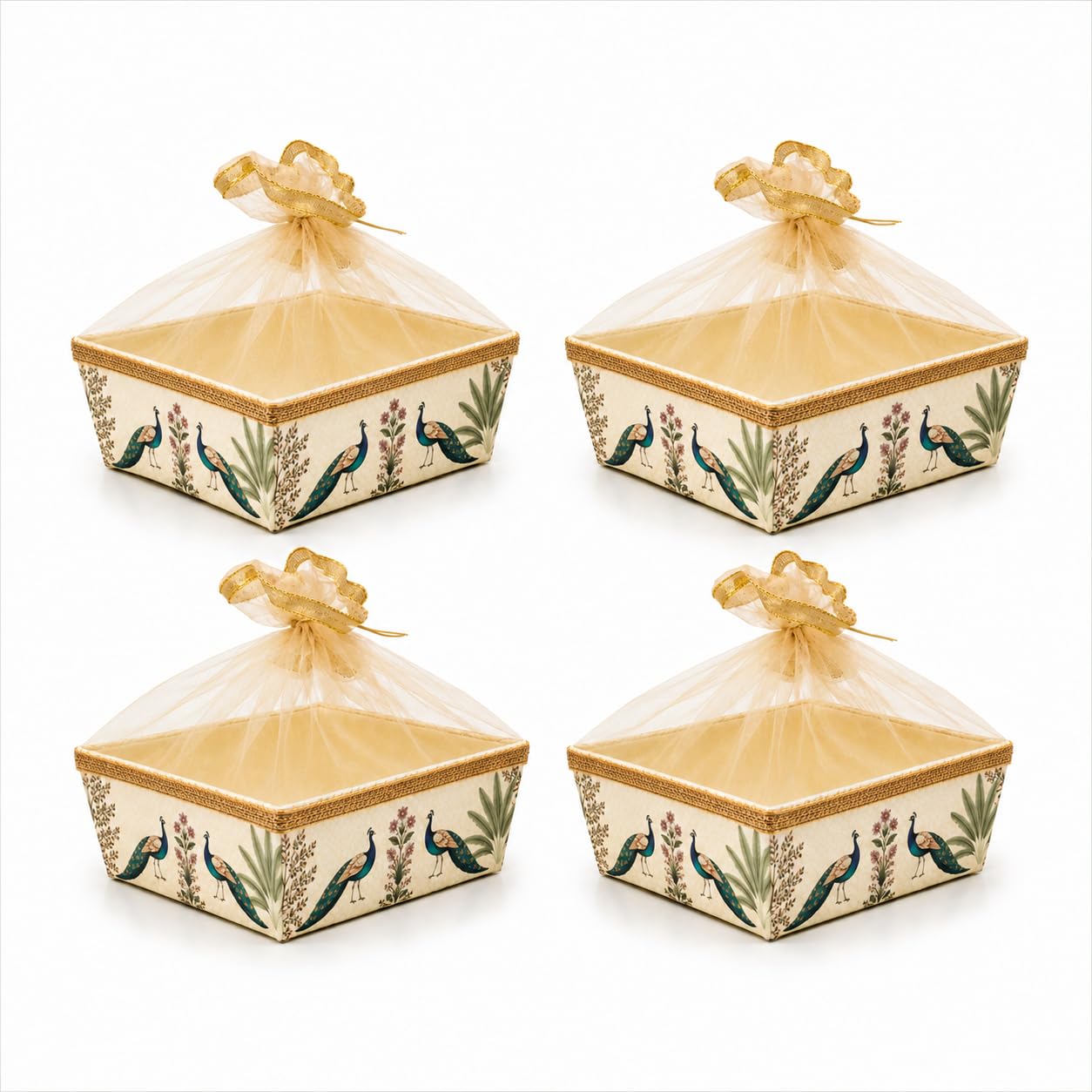 Decorative Gift Hamper Basket Set of 4 with Net Cover – Golden Designer Empty Gift Baskets for Wedding Return Gifts, Dry Fruits & Festive Gift Packing (Square)