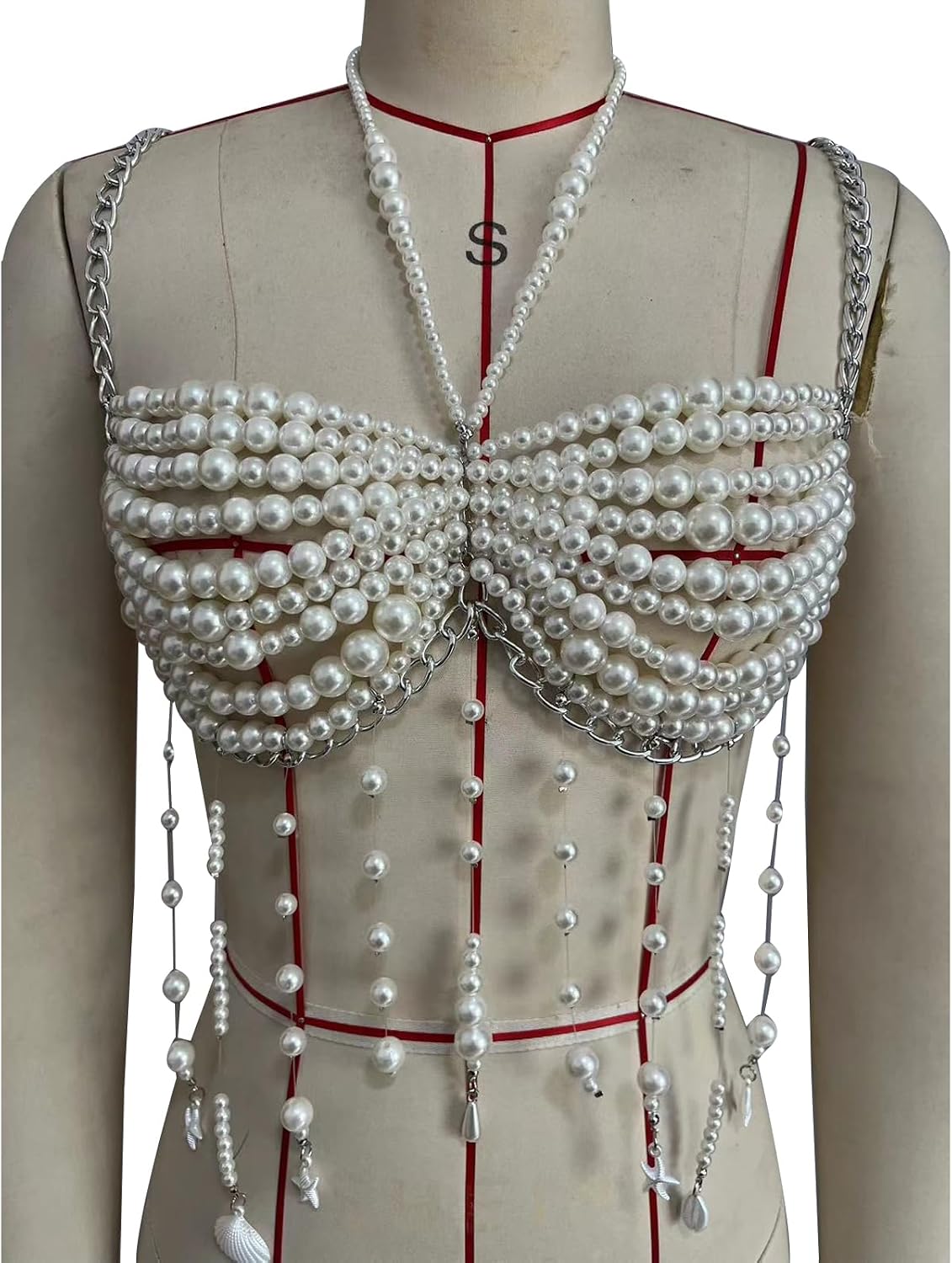 Women's Pearl Body Chain Bra -Summer Beach Seashell Starfish Body Jewelry for Festival Rave Adjustable Pearl Lingerie Chain Bikini Beaded Body Chain