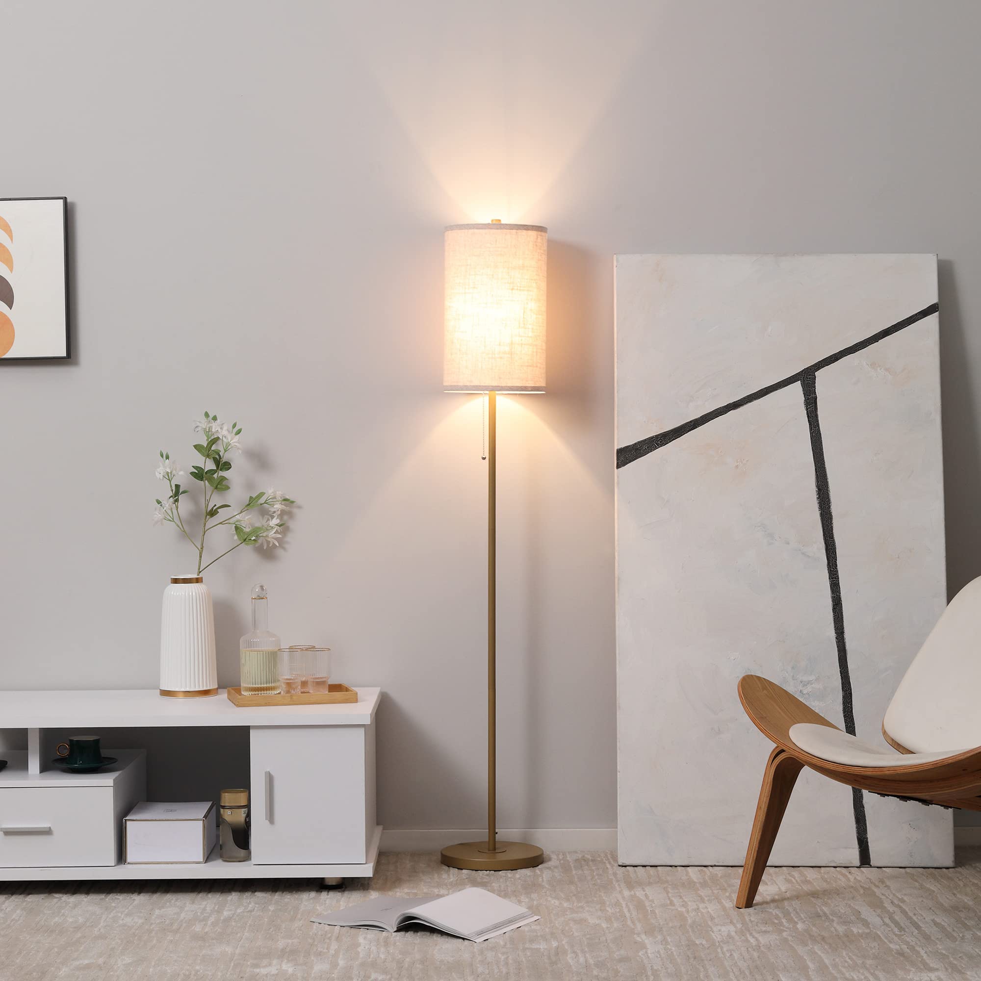 HOMCOM Lampada da Terra con Interruttore a Catena Attacco E27 Oro e Crema | Lampada da Pavimento, Paralume in Lino, Base in Acciaio, per Soggiorno e Camera