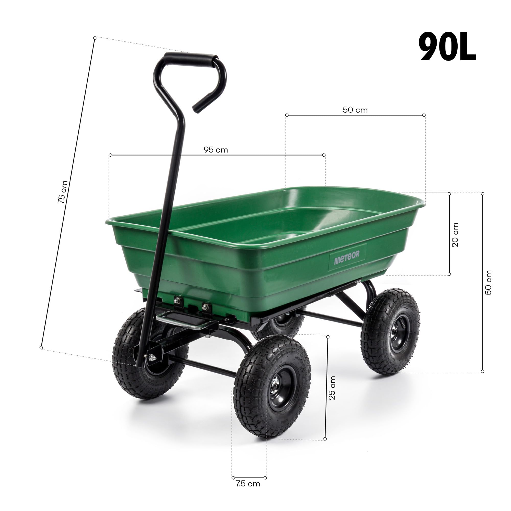 Meteor Gartenwagen 3 in 1 mit Kippfunktion 90 l bis 250 kg belastbar mit Luftreifen und Lenkachse für Erde Laub Holz und Dünger