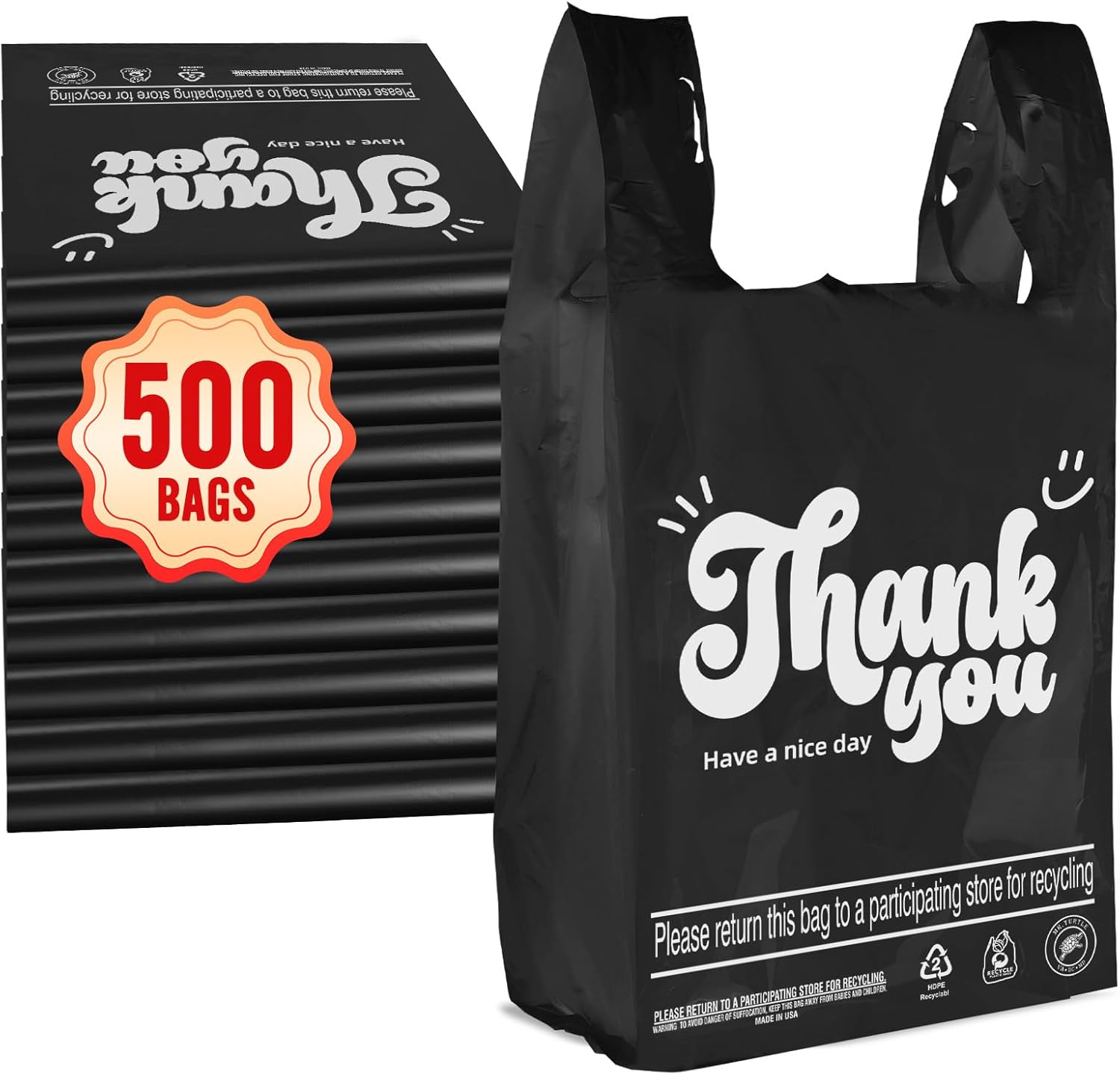 Fuxury 500 Count - Thank You Plastic Tshirt Bags Black (11.5" x 6.5" x 21"), T-shirt, Grocery, Take Out, To Go, Retail Shopping Bags in Bulk for Small Business