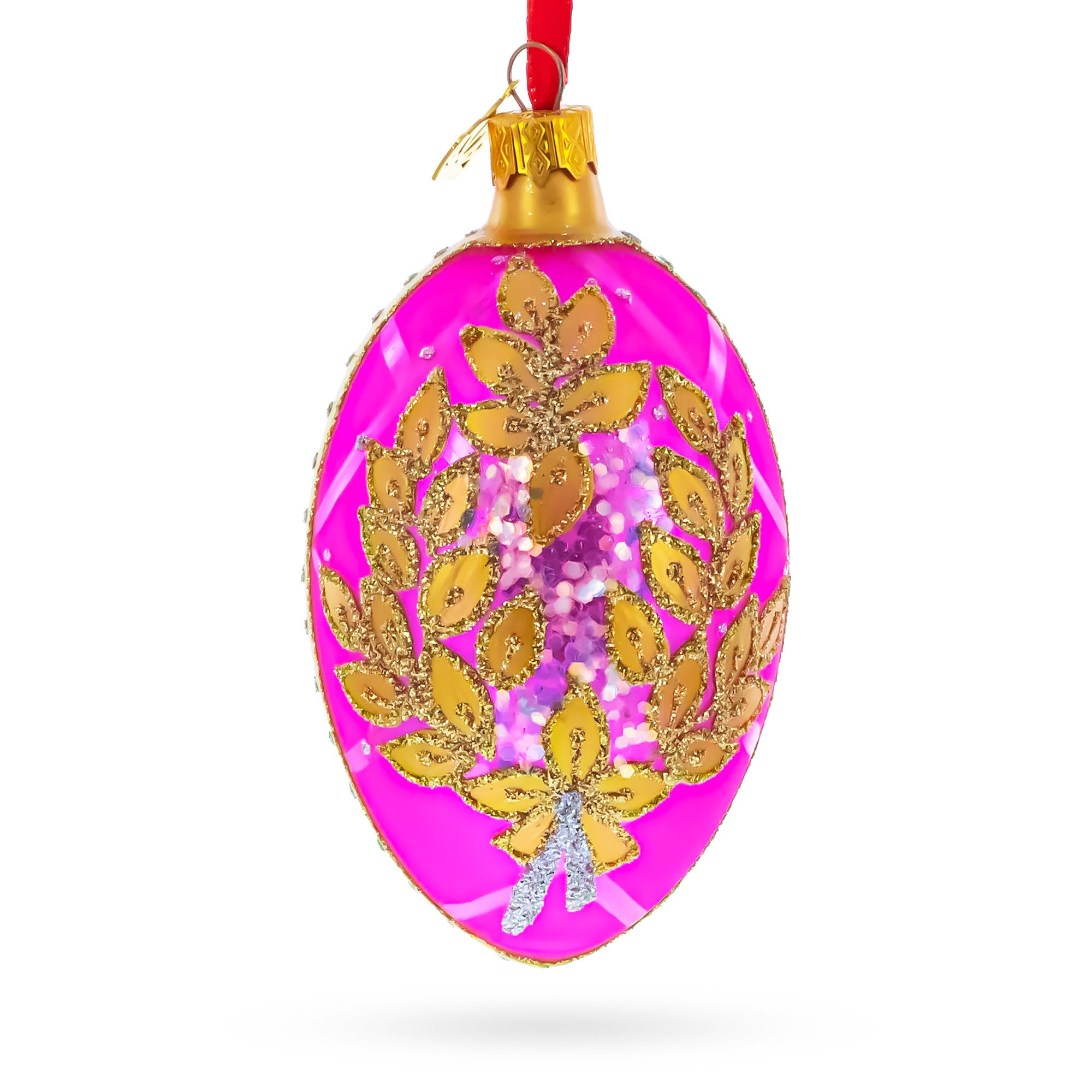 Œuf en verre soufflé rose BestPysanky décor branches dorées de 10 cm d'exception